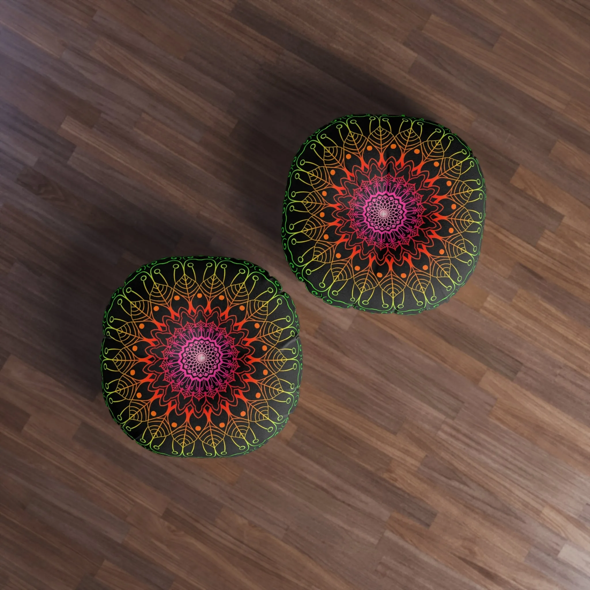 Hand Drawn Mandala Art Floor Cushion - Flower Colors on Black, Tufted