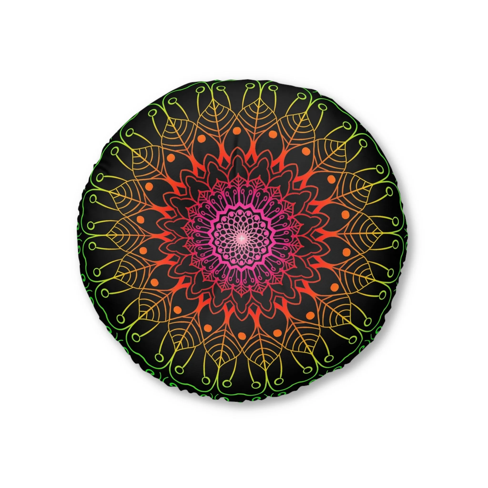 Hand Drawn Mandala Art Floor Cushion - Flower Colors on Black, Tufted