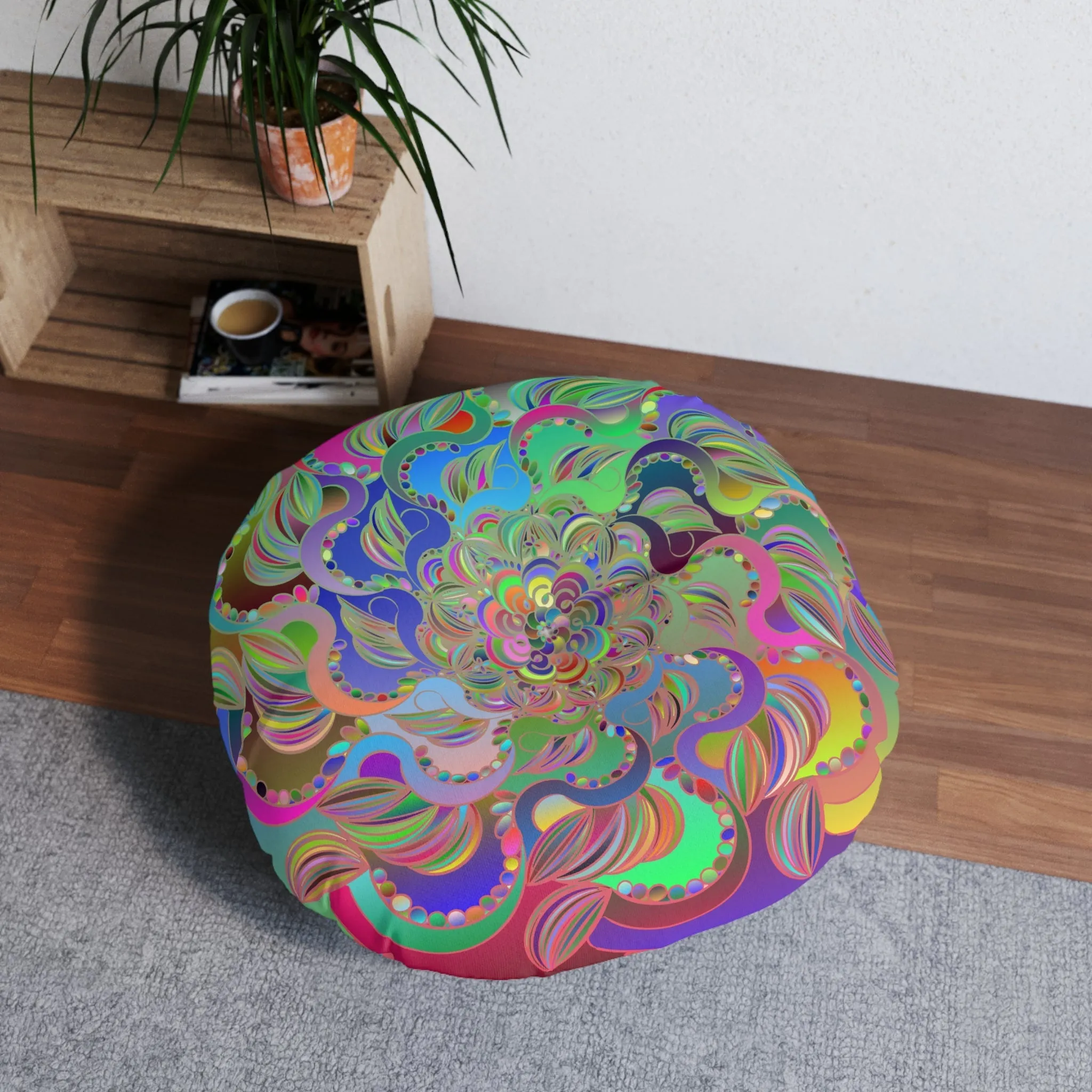 Hand Drawn Mandala Art Tufted Floor Pillow - Colorful Round Design