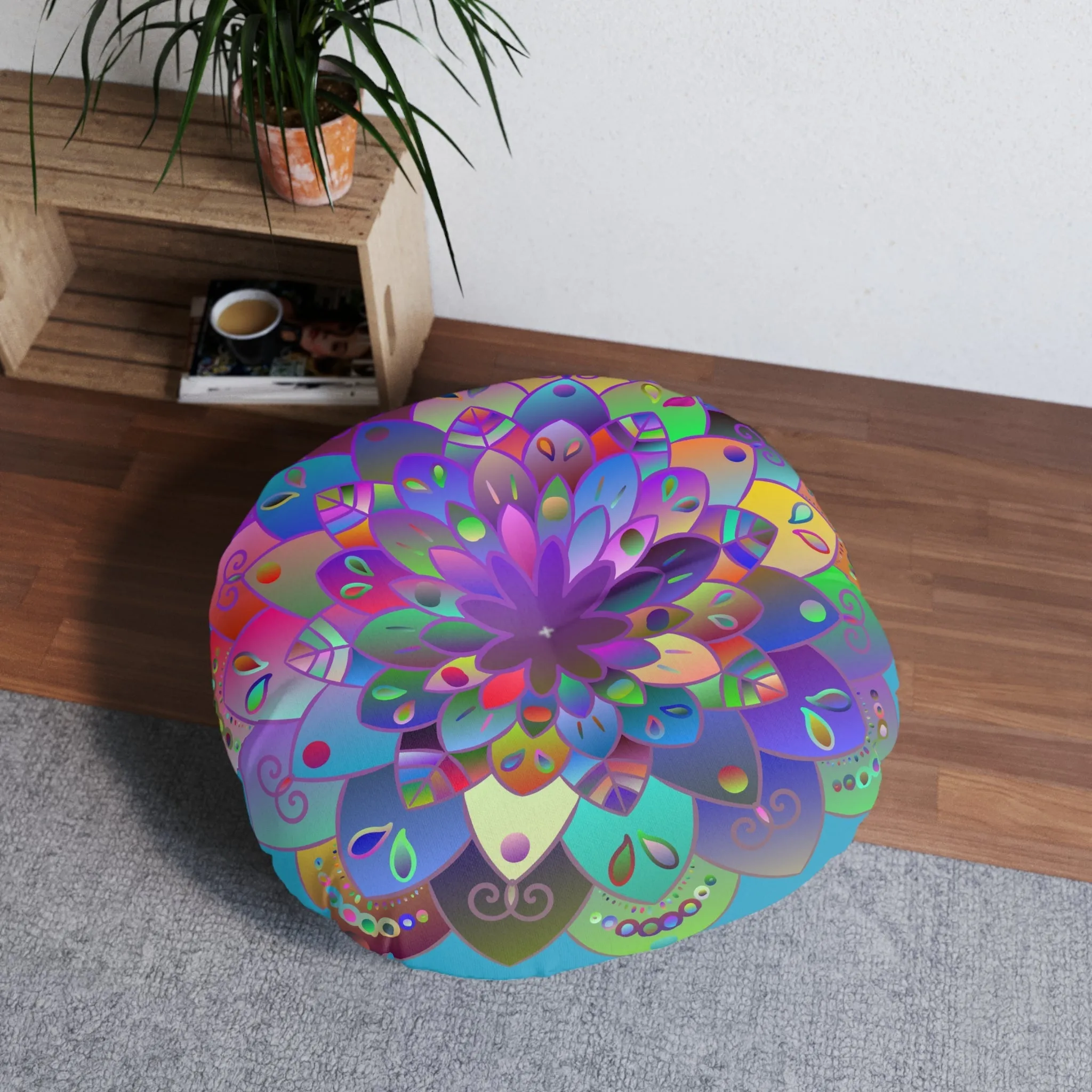 Hand Drawn Mandala Floor Cushion - Colorful Art on Turquoise - Tufted