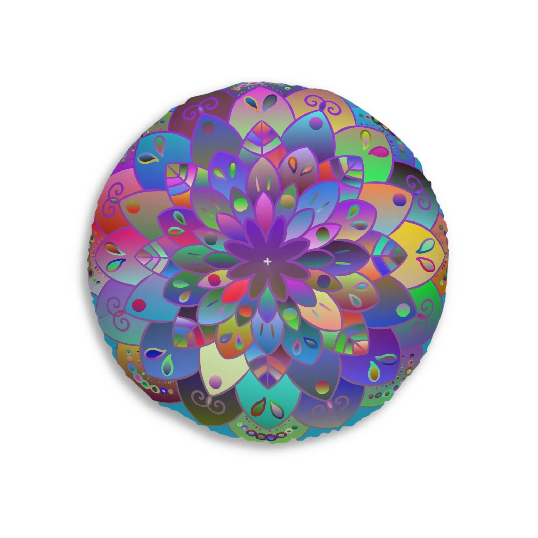 Hand Drawn Mandala Floor Cushion - Colorful Art on Turquoise - Tufted