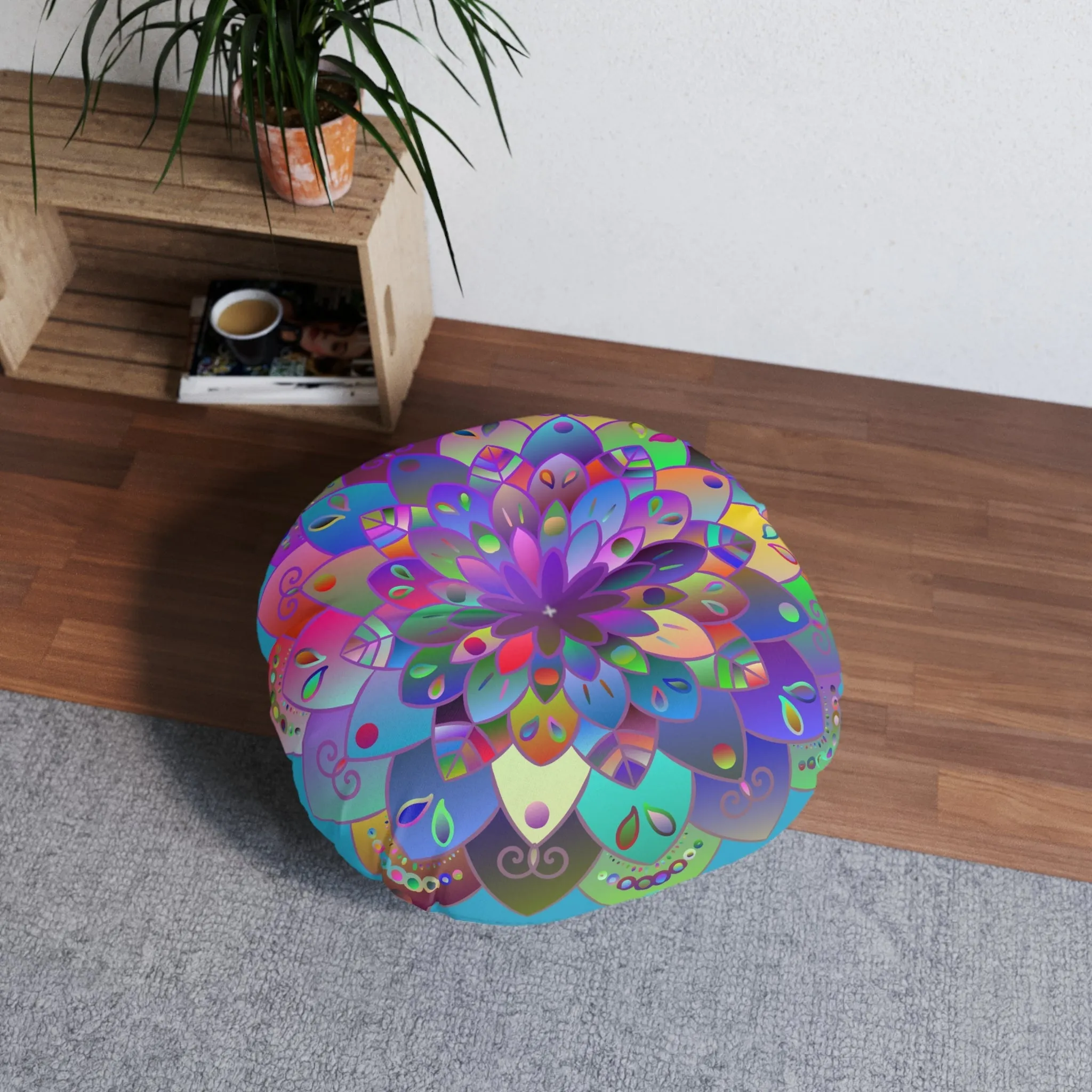 Hand Drawn Mandala Floor Cushion - Colorful Art on Turquoise - Tufted