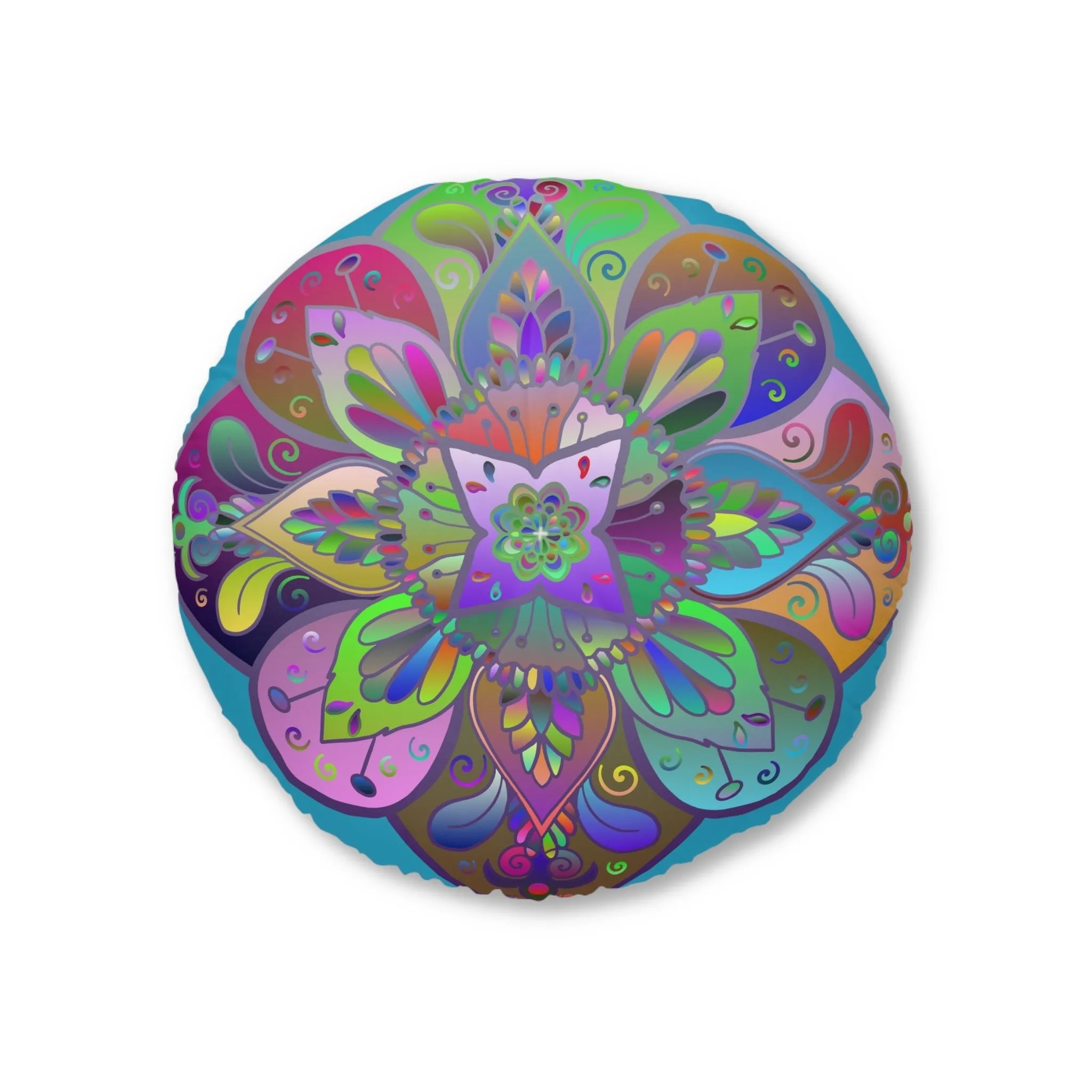 Hand Drawn Mandala Floor Cushion - Colorful Turquoise Background