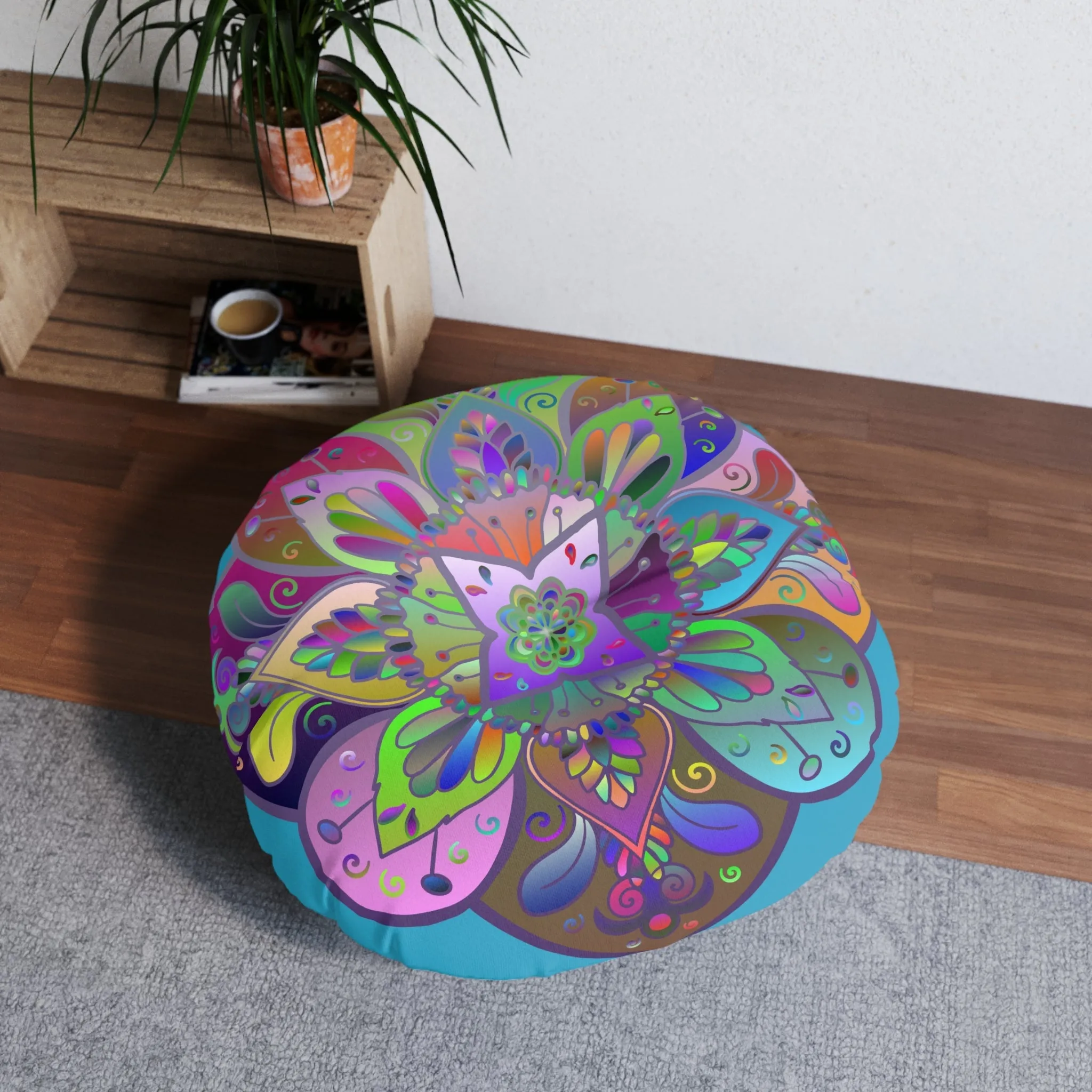 Hand Drawn Mandala Floor Cushion - Colorful Turquoise Background