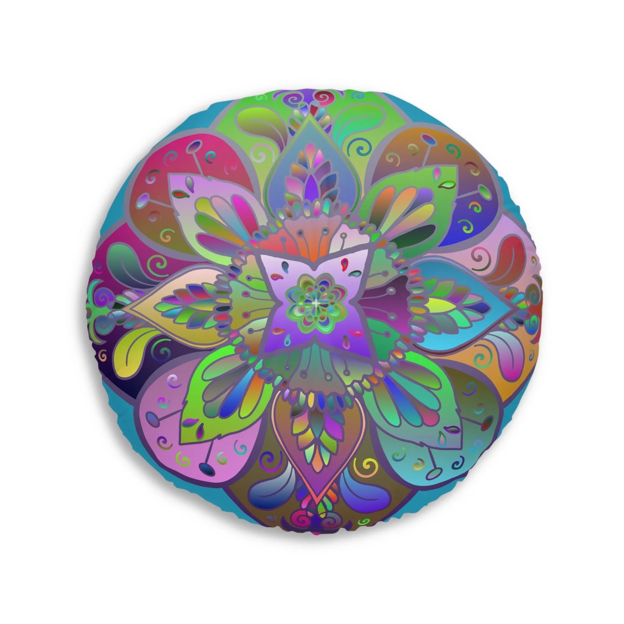 Hand Drawn Mandala Floor Cushion - Colorful Turquoise Background