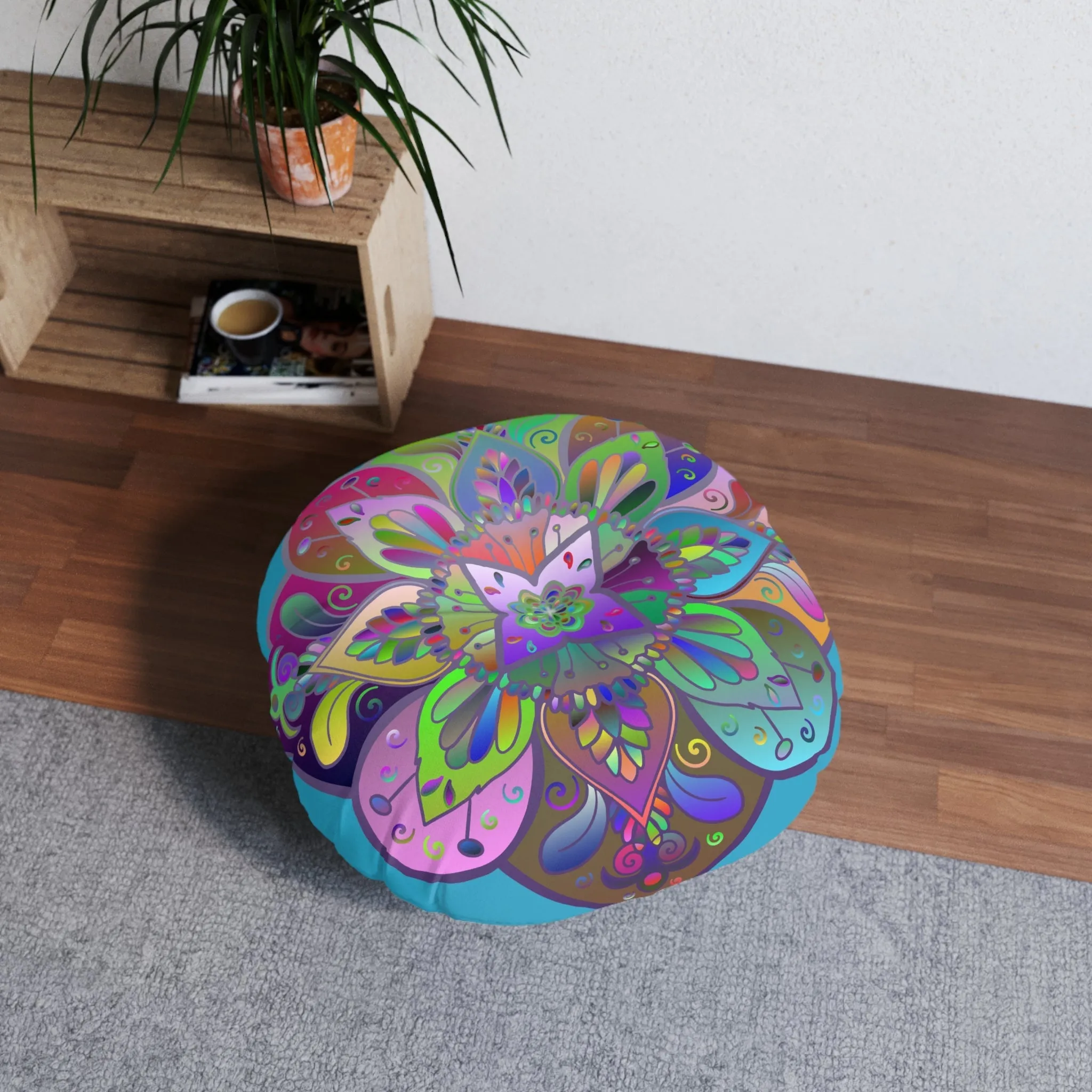 Hand Drawn Mandala Floor Cushion - Colorful Turquoise Background