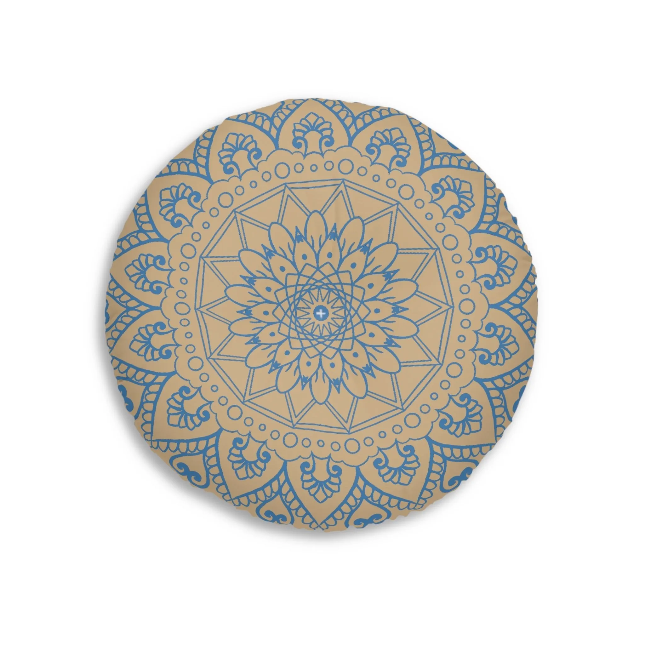 Handmade Mandala Art Floor Cushion - Steel Blue & Tan - Tufted Round