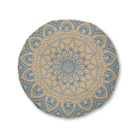 Handmade Mandala Art Floor Cushion - Steel Blue & Tan - Tufted Round