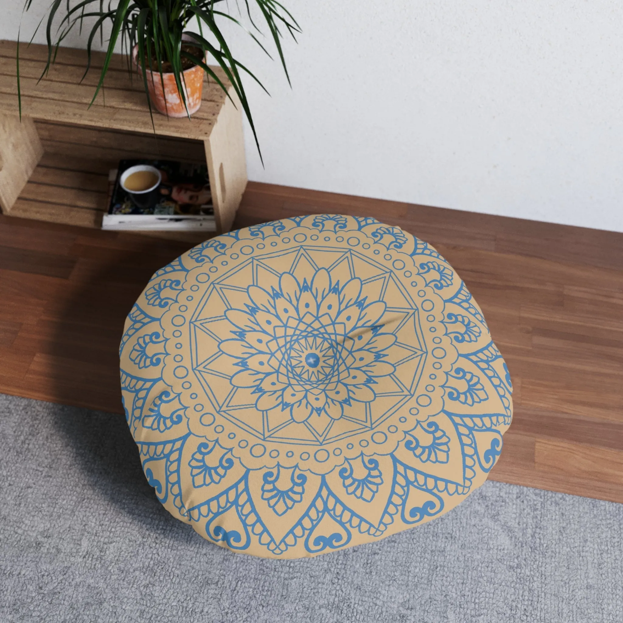 Handmade Mandala Art Floor Cushion - Steel Blue & Tan - Tufted Round