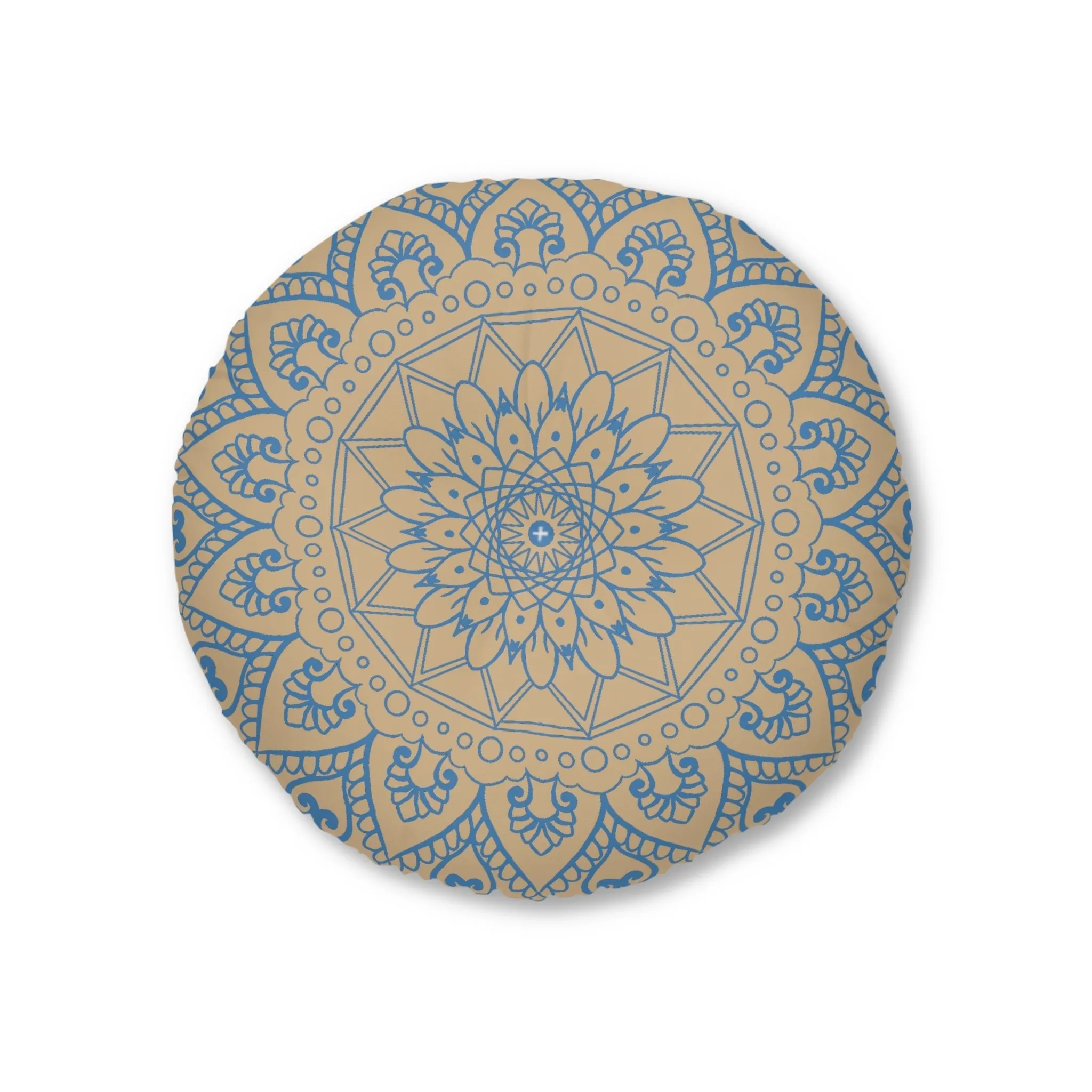 Handmade Mandala Art Floor Cushion - Steel Blue & Tan - Tufted Round