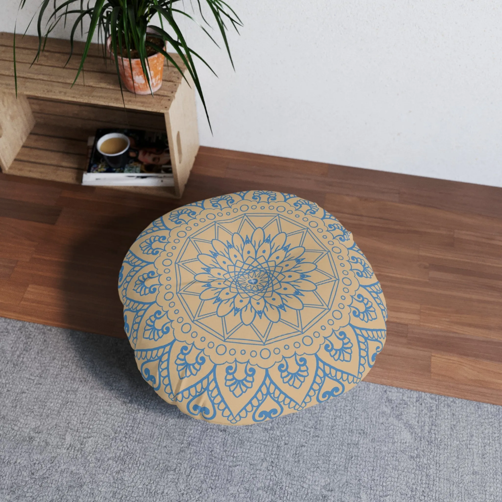 Handmade Mandala Art Floor Cushion - Steel Blue & Tan - Tufted Round