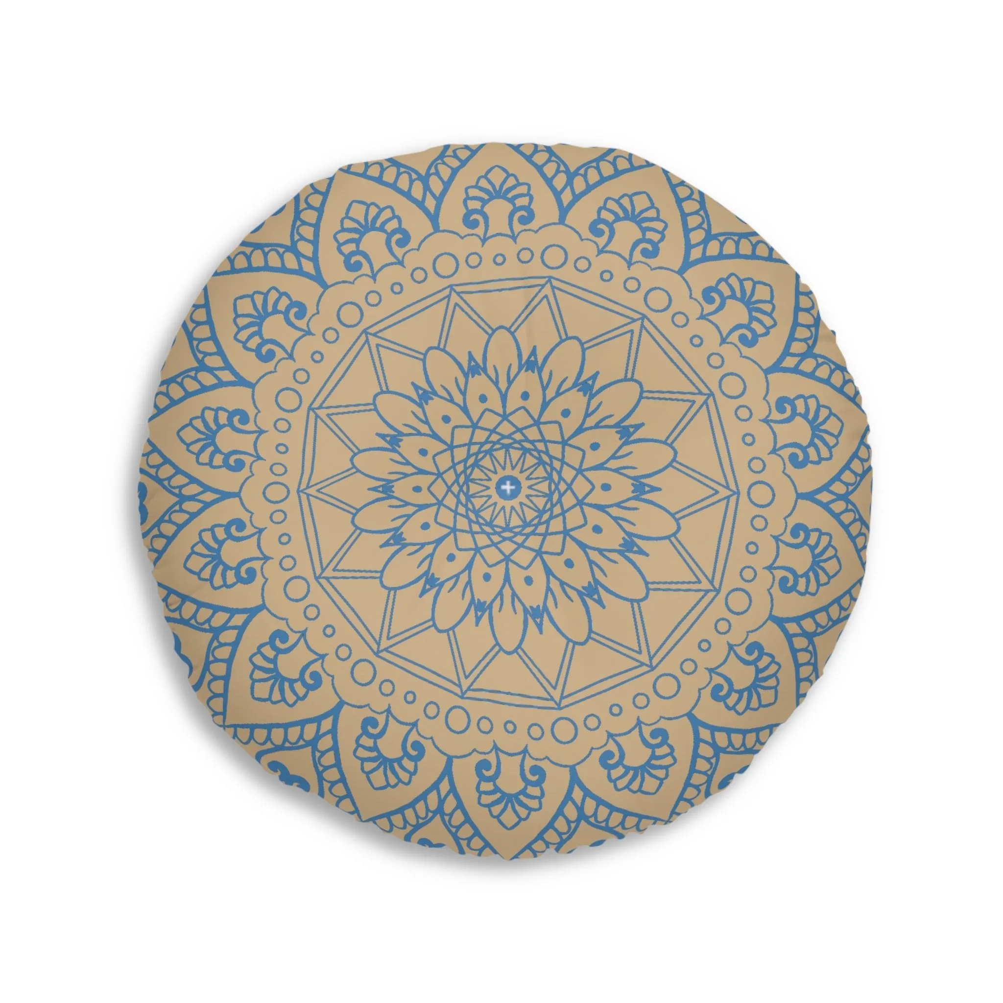 Handmade Mandala Art Floor Cushion - Steel Blue & Tan - Tufted Round