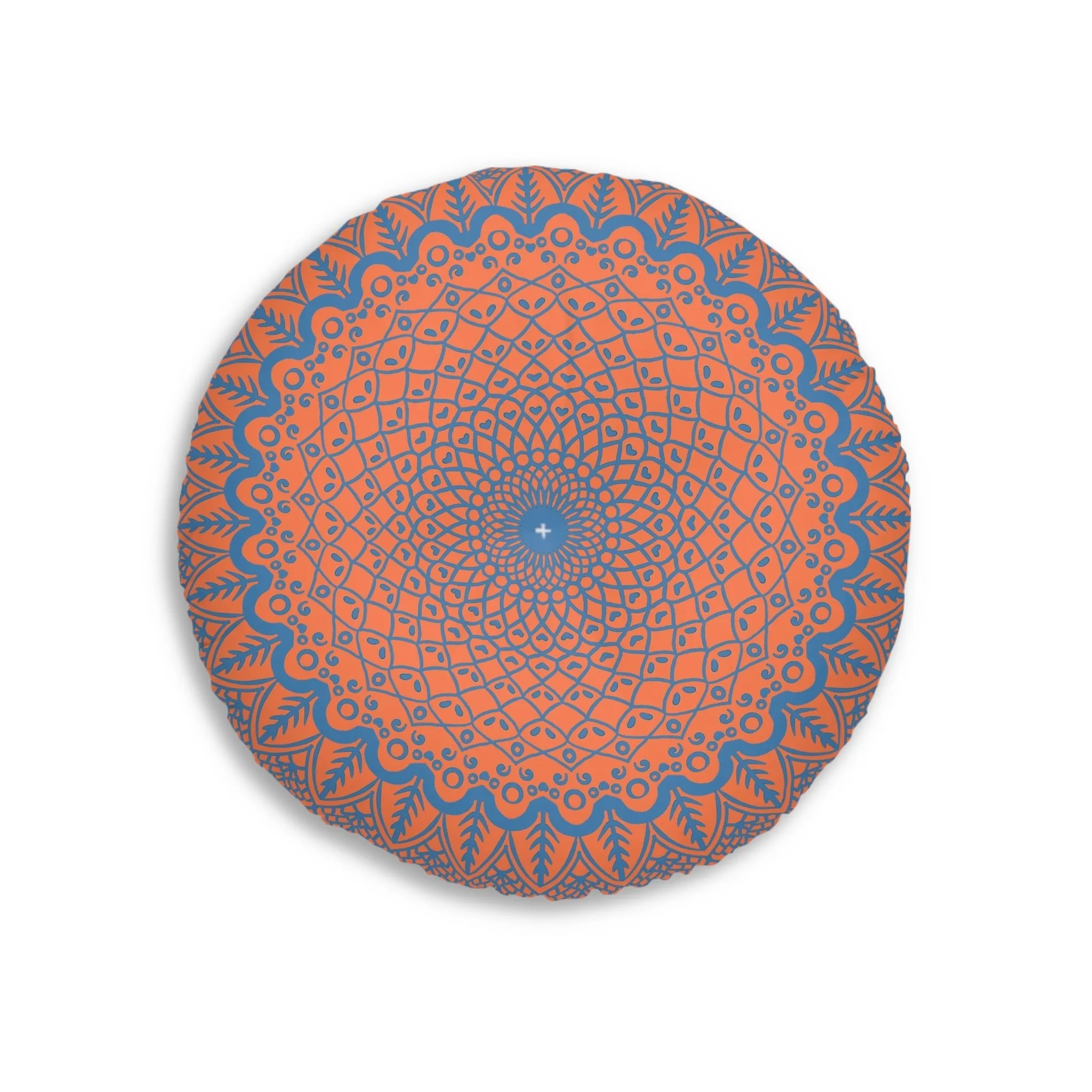 Handmade Mandala Art Floor Cushion - Steel Blue on Coral - Tufted Round