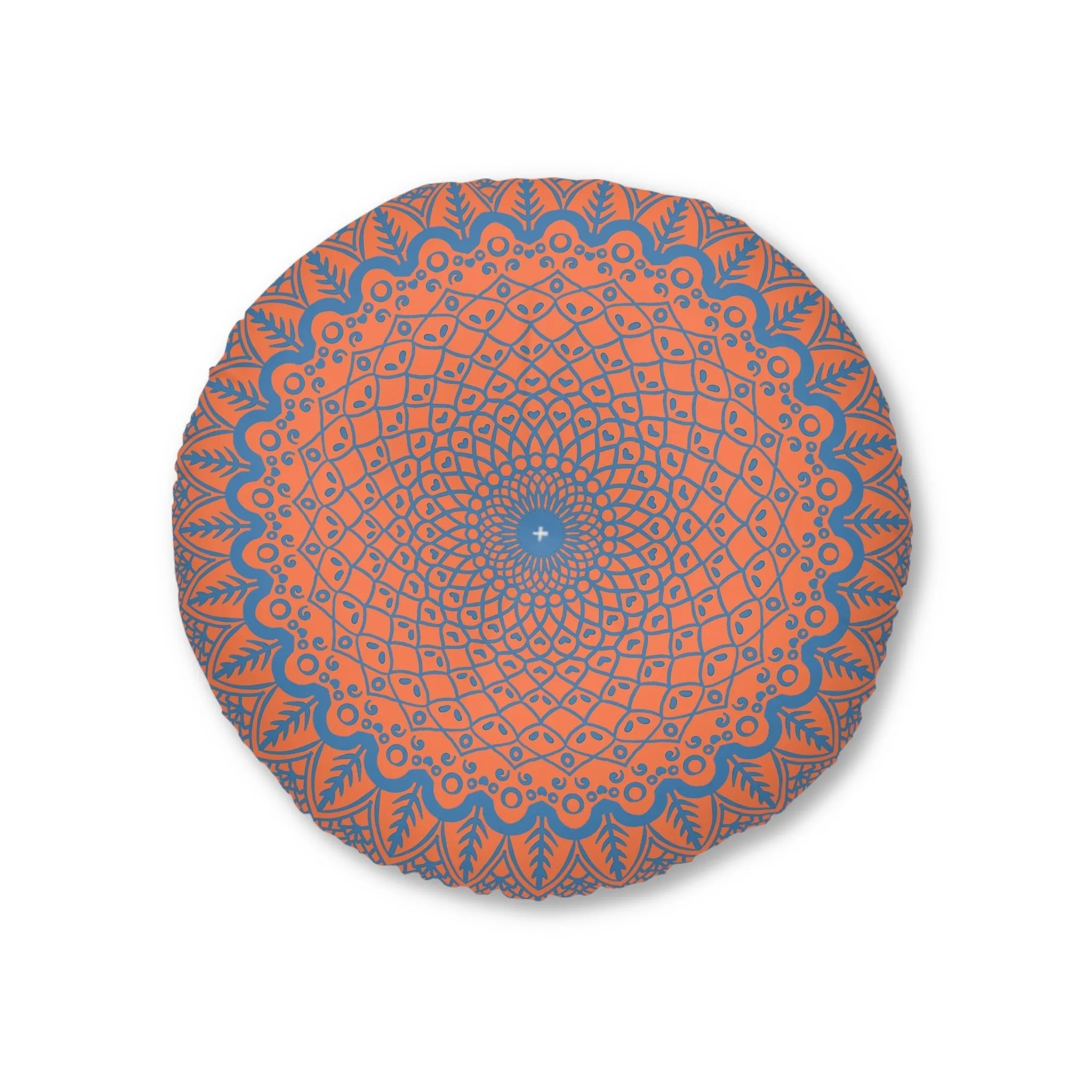 Handmade Mandala Art Floor Cushion - Steel Blue on Coral - Tufted Round