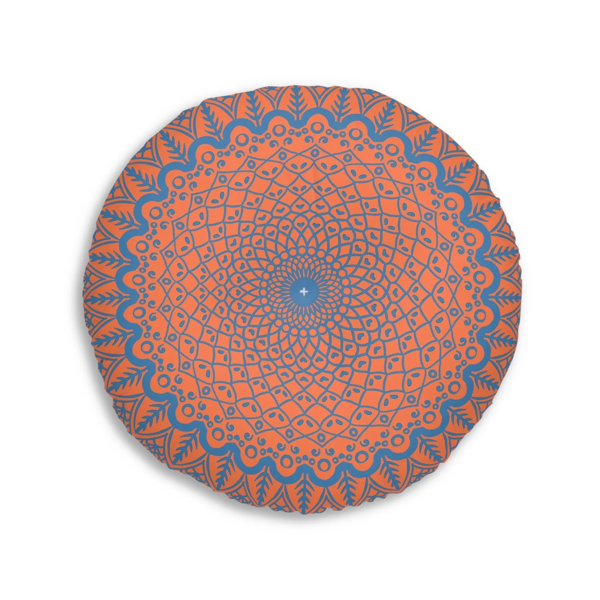 Handmade Mandala Art Floor Cushion - Steel Blue on Coral - Tufted Round