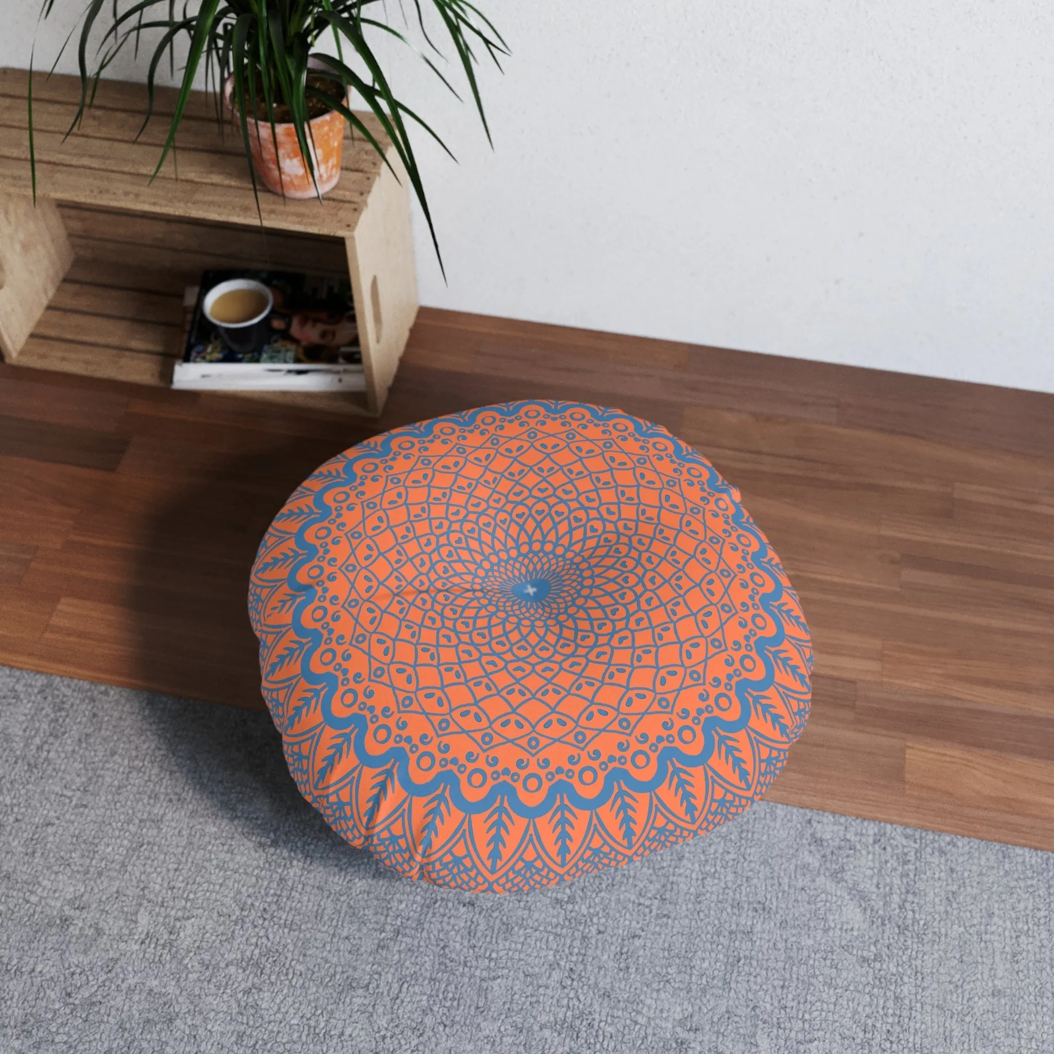 Handmade Mandala Art Floor Cushion - Steel Blue on Coral - Tufted Round