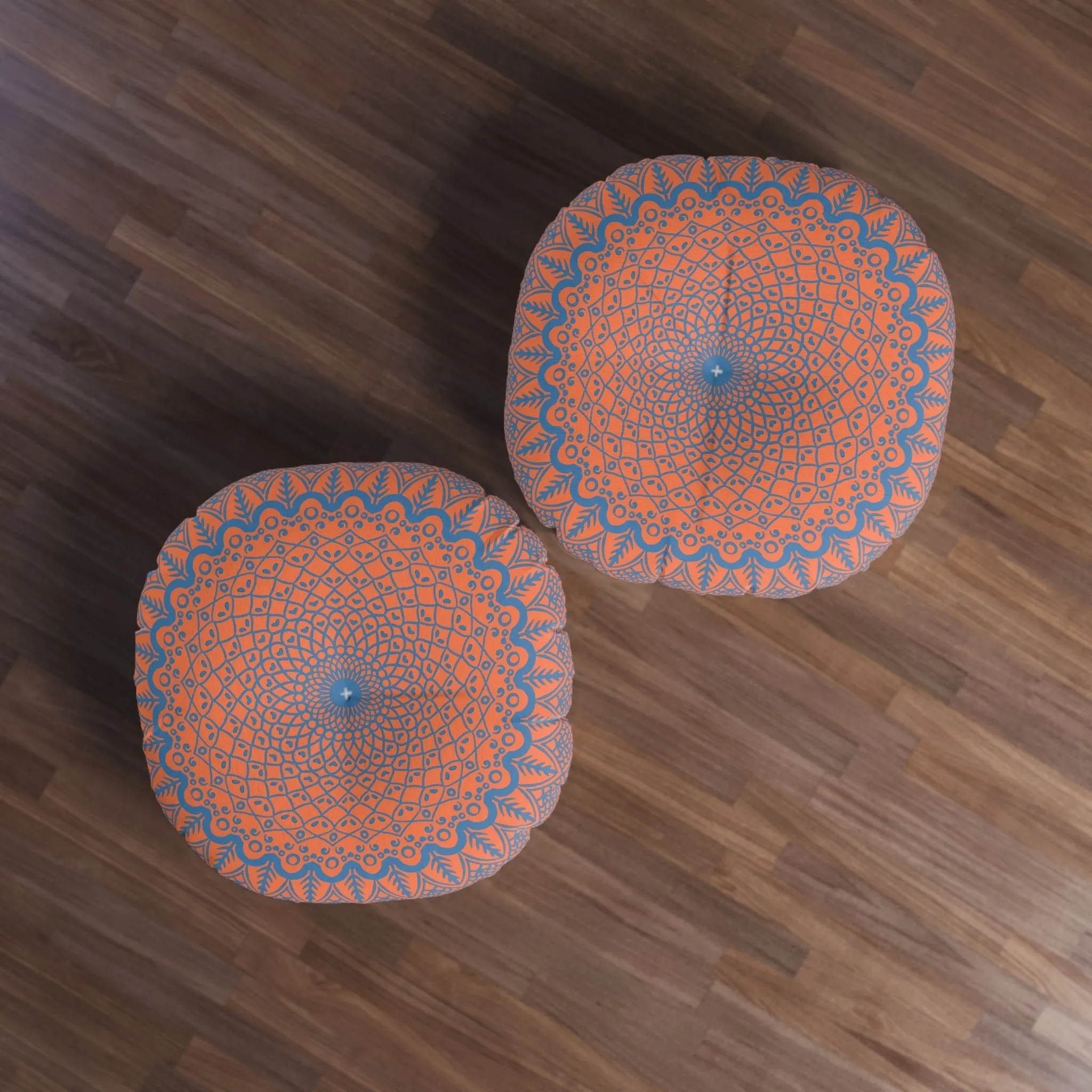 Handmade Mandala Art Floor Cushion - Steel Blue on Coral - Tufted Round