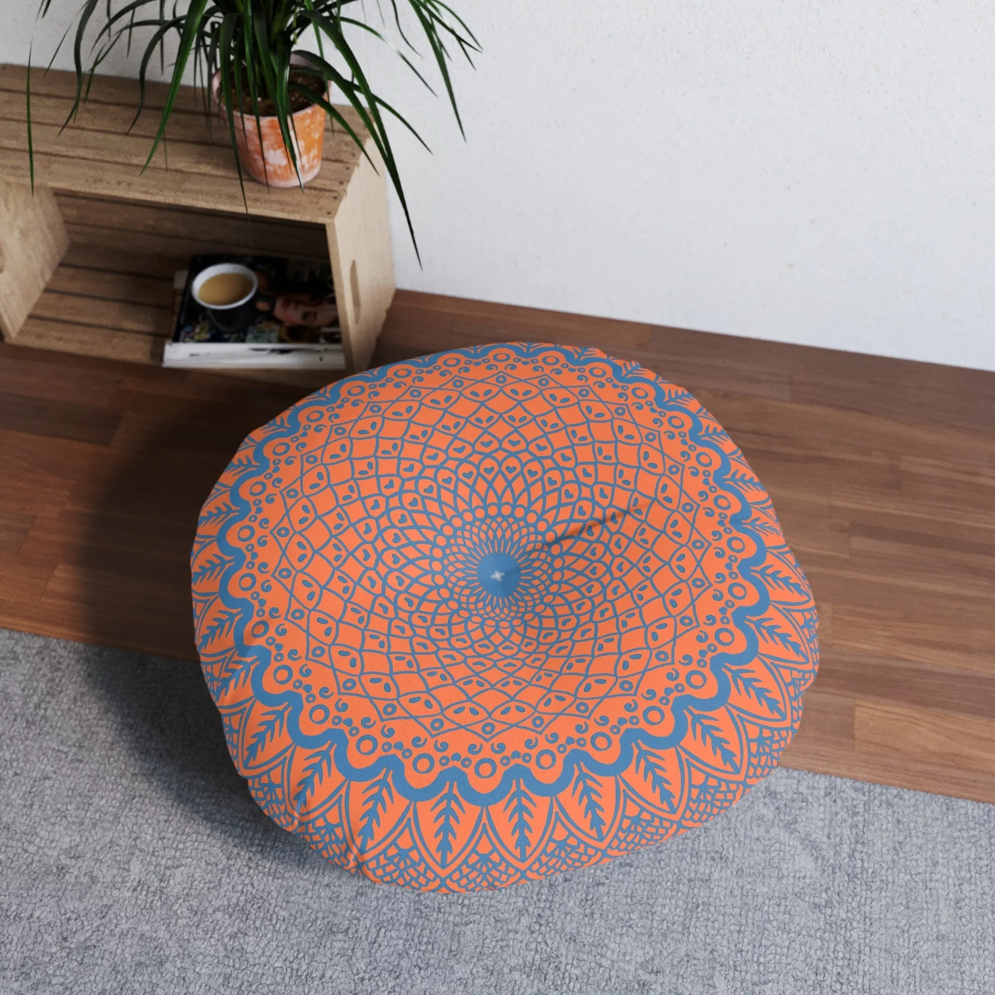 Handmade Mandala Art Floor Cushion - Steel Blue on Coral - Tufted Round