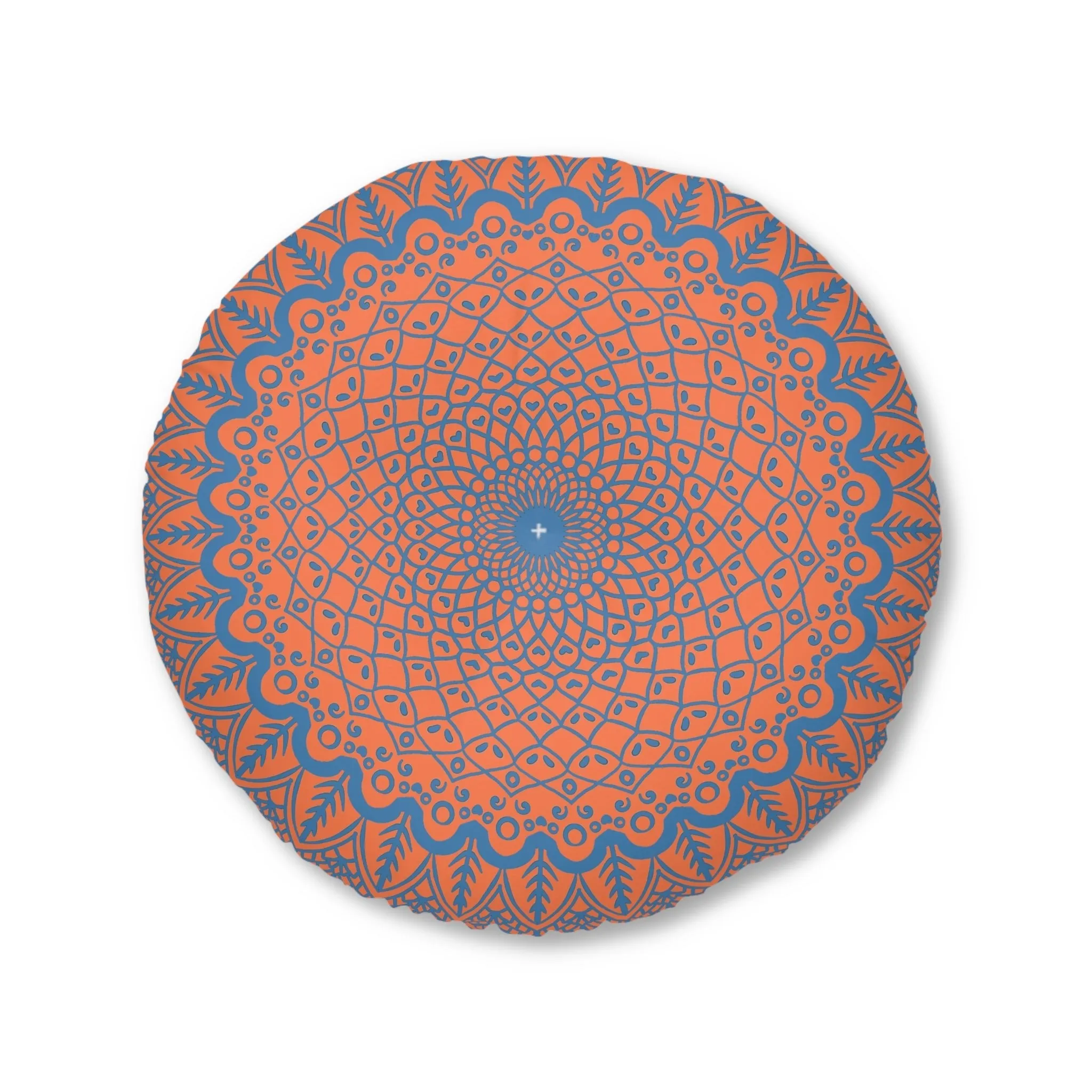 Handmade Mandala Art Floor Cushion - Steel Blue on Coral - Tufted Round