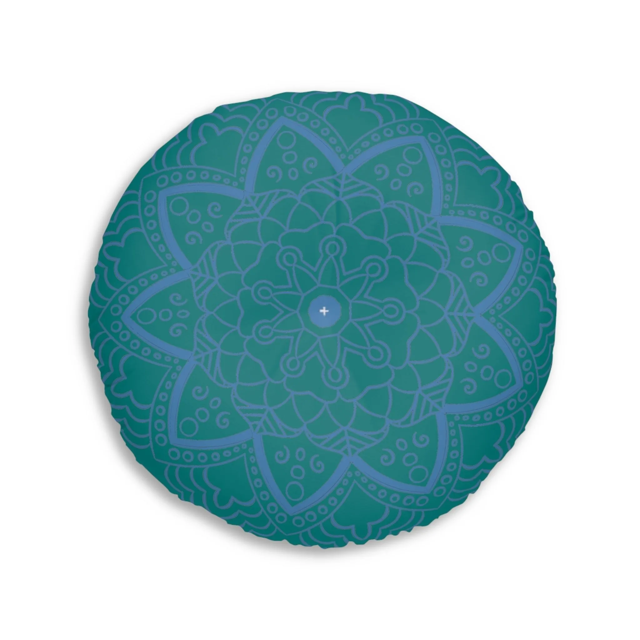 Handmade Mandala Art Floor Cushion - Steel Blue on Teal Background - Drawn by Hand