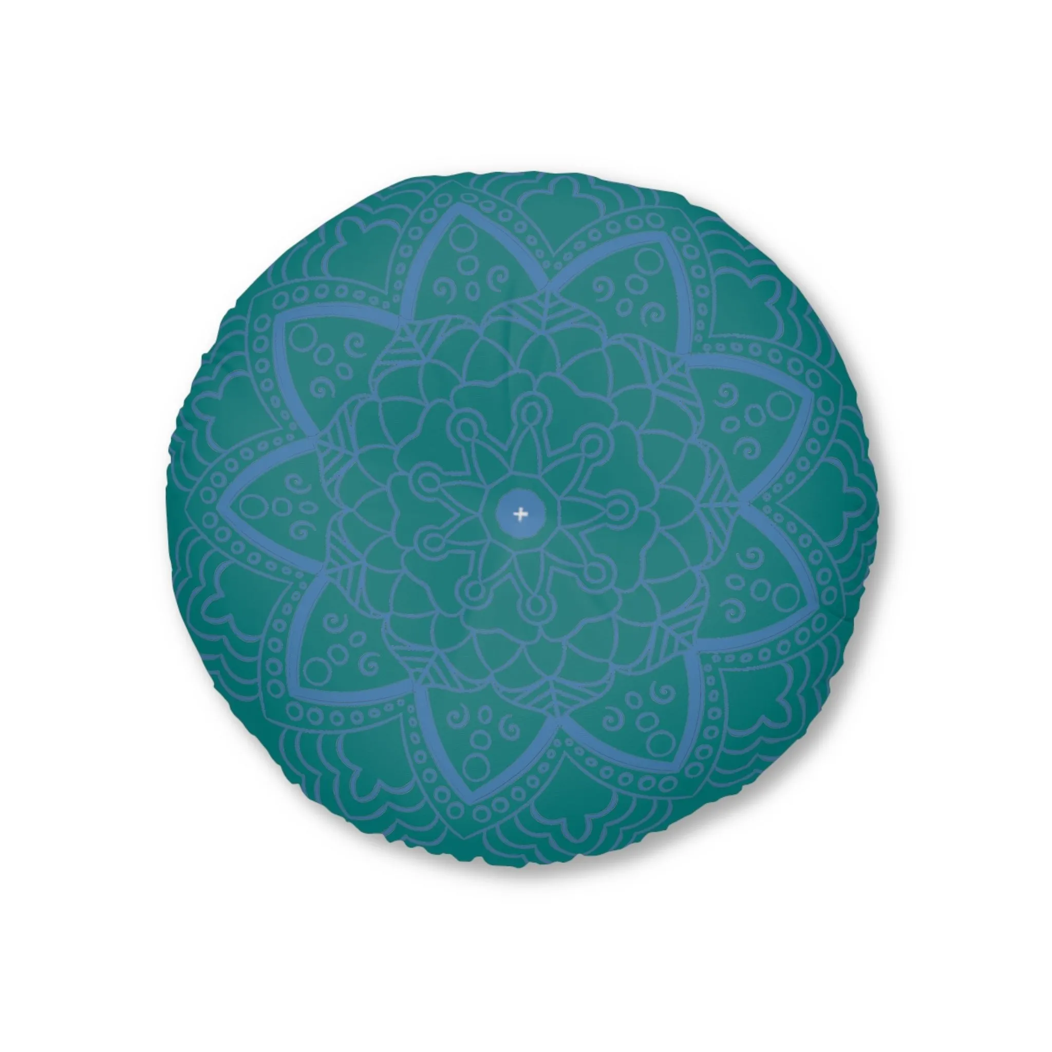 Handmade Mandala Art Floor Cushion - Steel Blue on Teal Background - Drawn by Hand