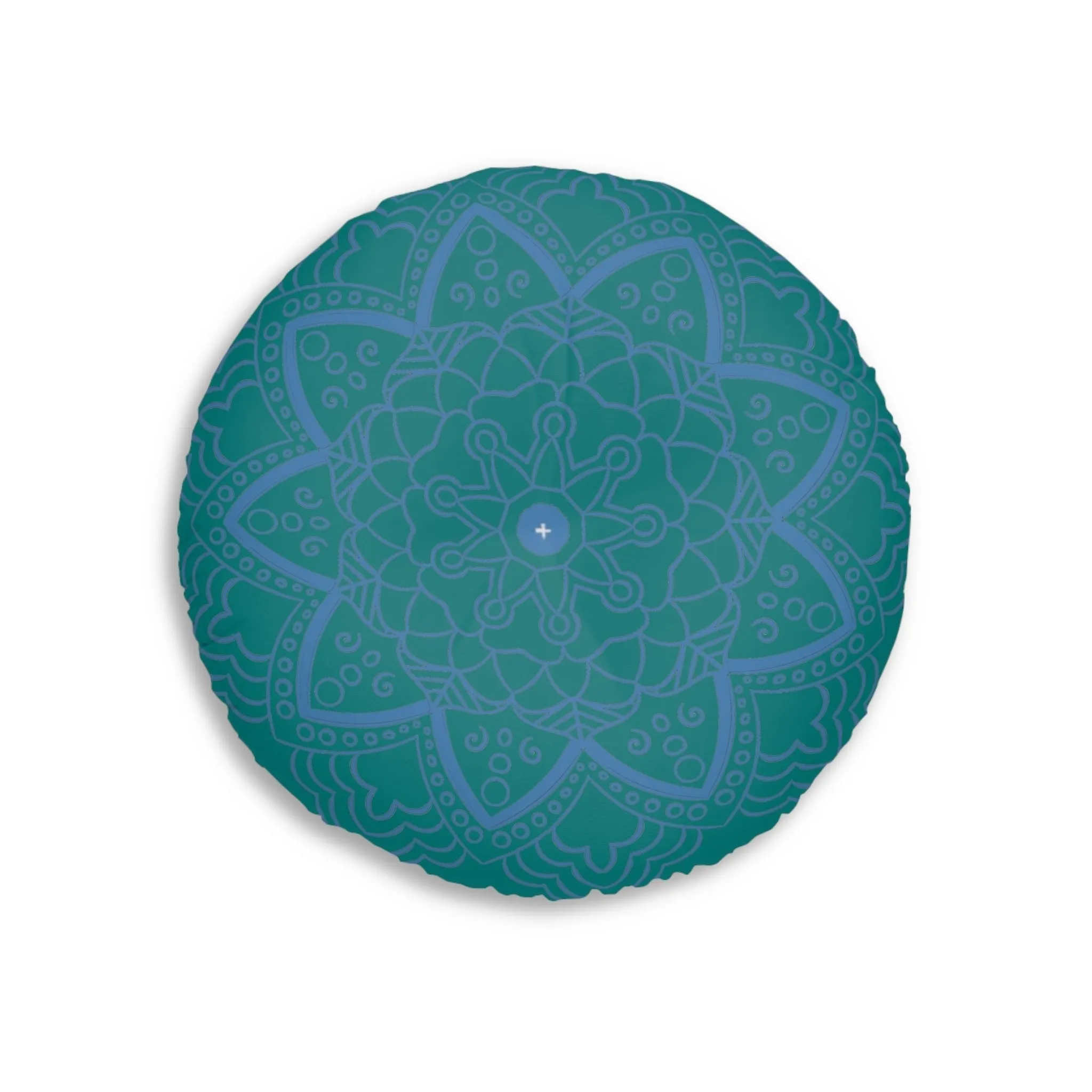 Handmade Mandala Art Floor Cushion - Steel Blue on Teal Background - Drawn by Hand