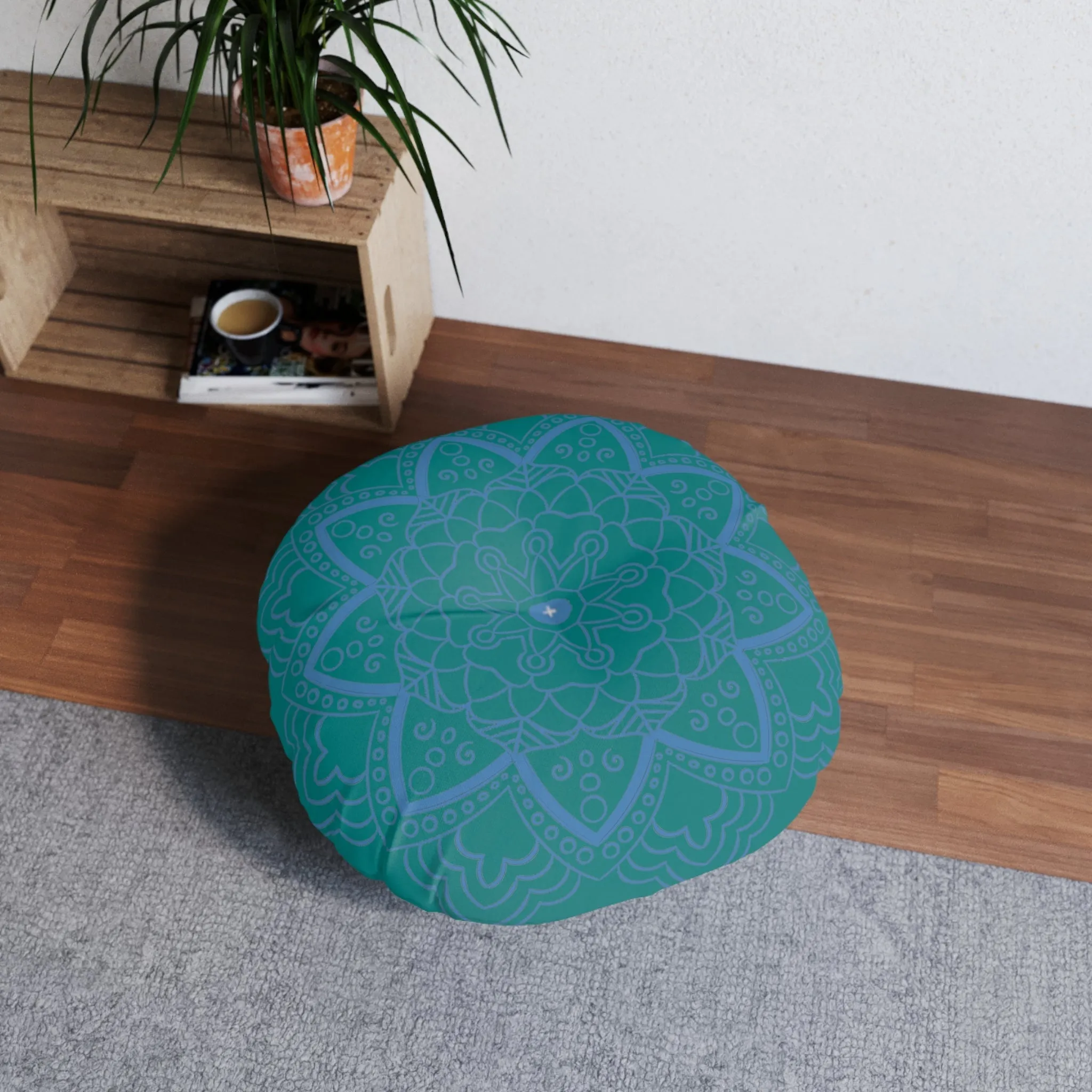 Handmade Mandala Art Floor Cushion - Steel Blue on Teal Background - Drawn by Hand