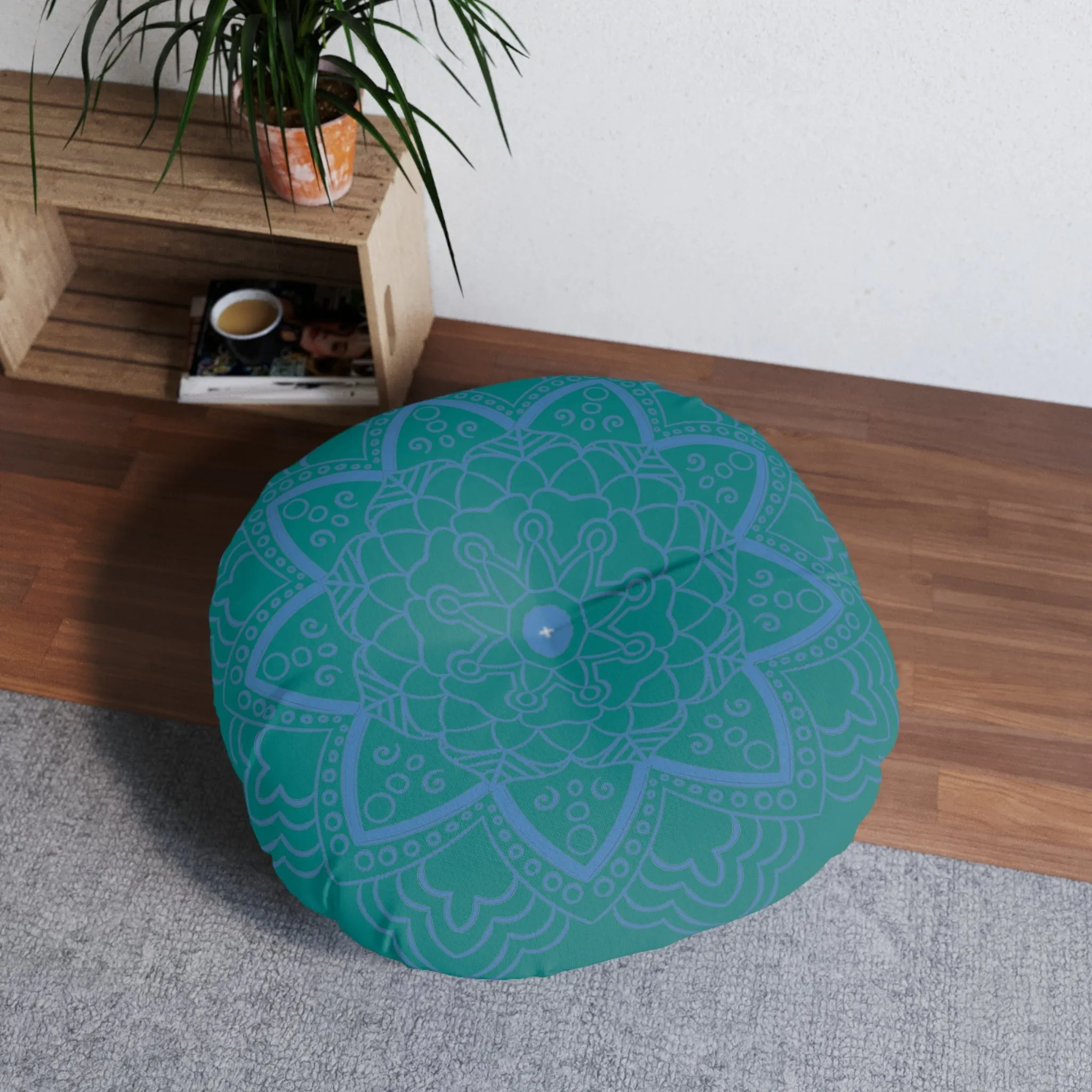 Handmade Mandala Art Floor Cushion - Steel Blue on Teal Background - Drawn by Hand