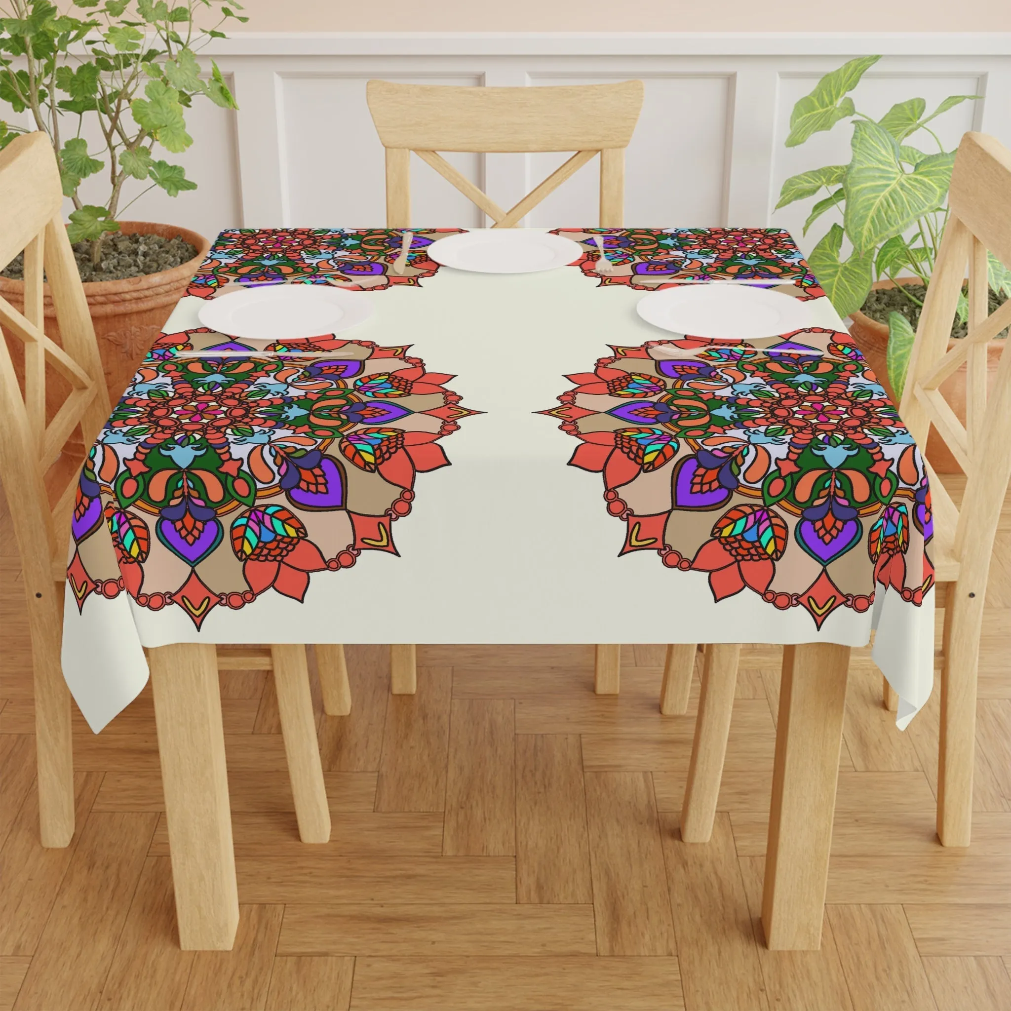 Handmade Mandala Art Ivory Square Tablecloth