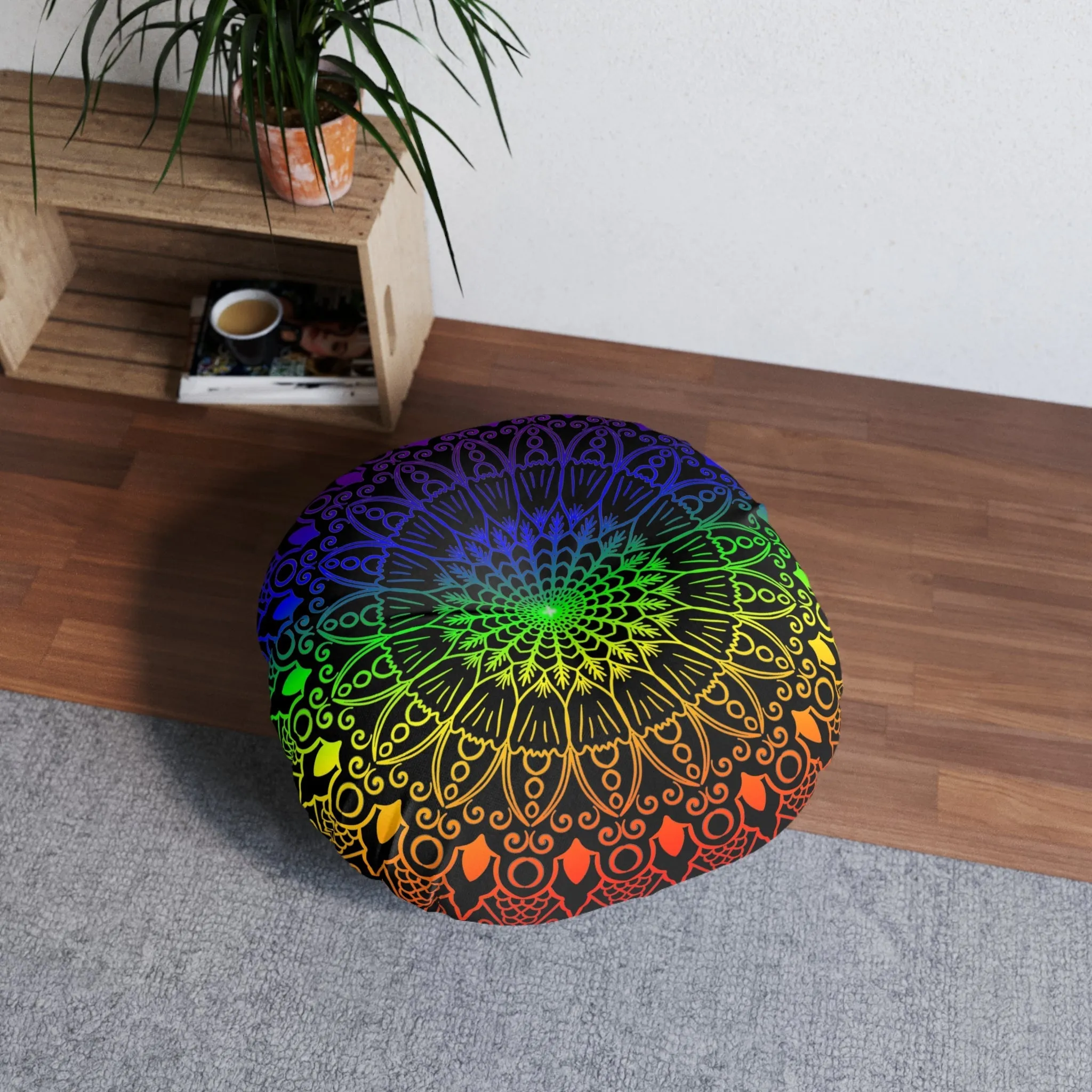 Handmade Mandala Art Round Floor Cushion - Rainbow on Black Background