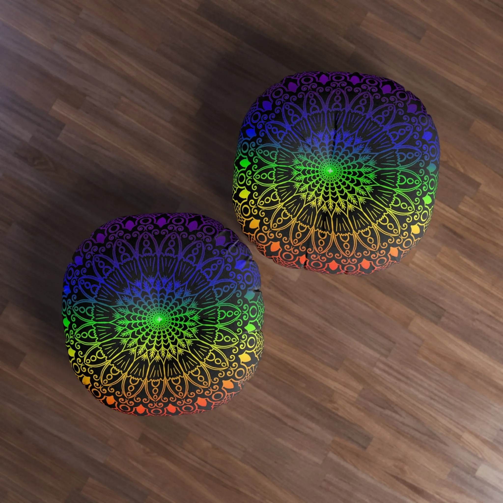 Handmade Mandala Art Round Floor Cushion - Rainbow on Black Background