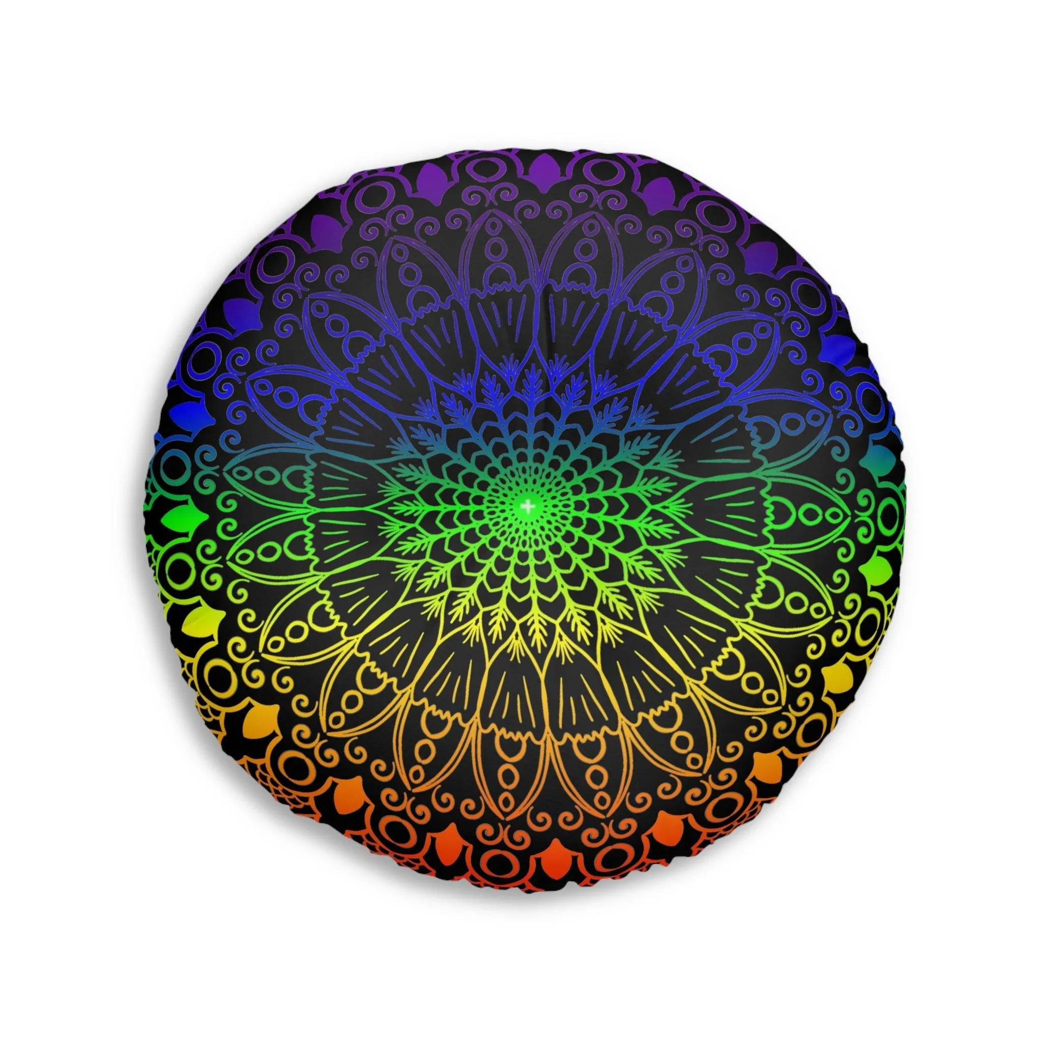 Handmade Mandala Art Round Floor Cushion - Rainbow on Black Background