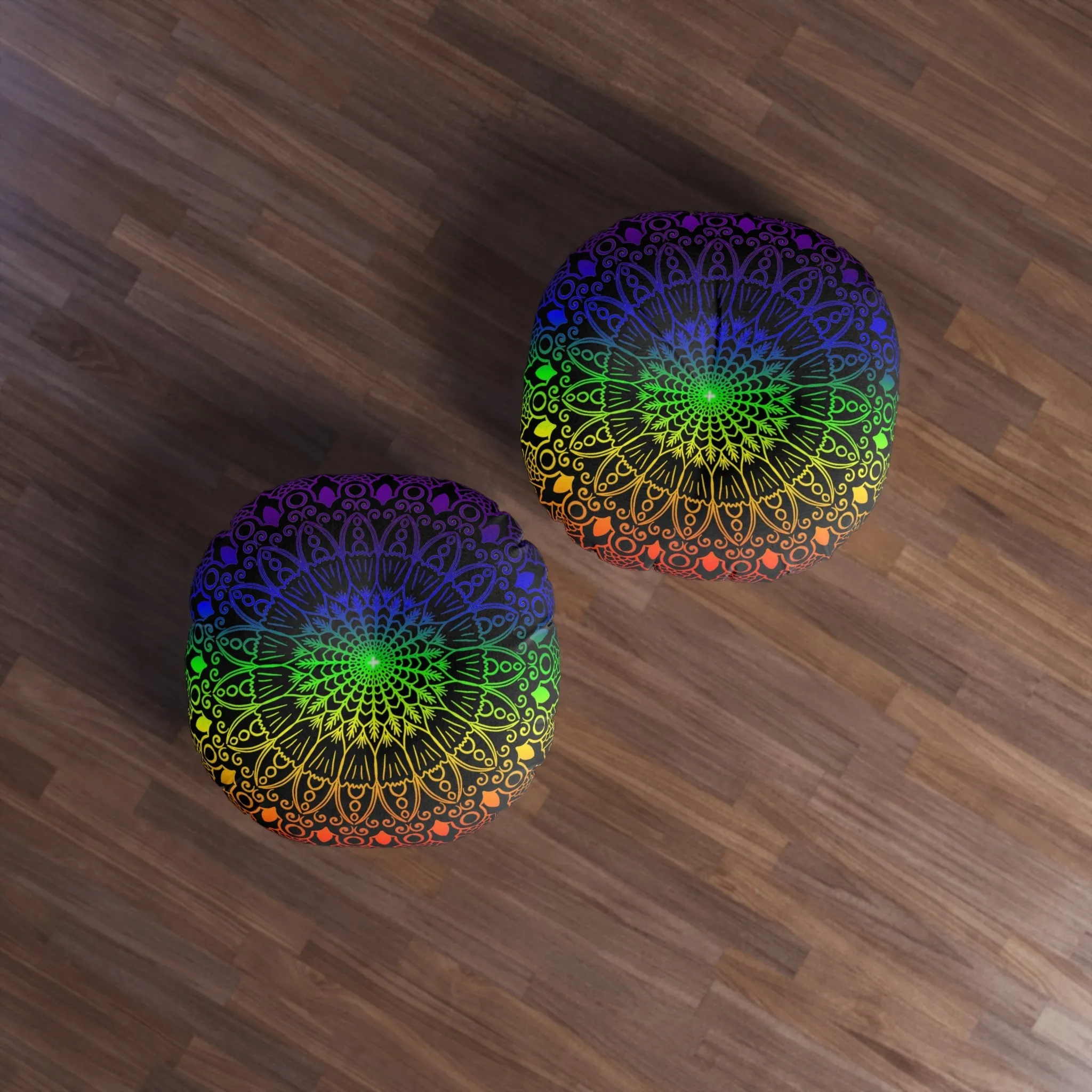 Handmade Mandala Art Round Floor Cushion - Rainbow on Black Background