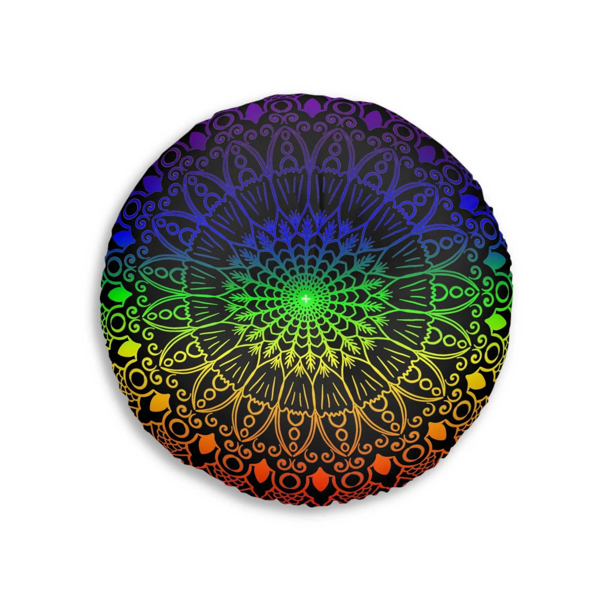 Handmade Mandala Art Round Floor Cushion - Rainbow on Black Background