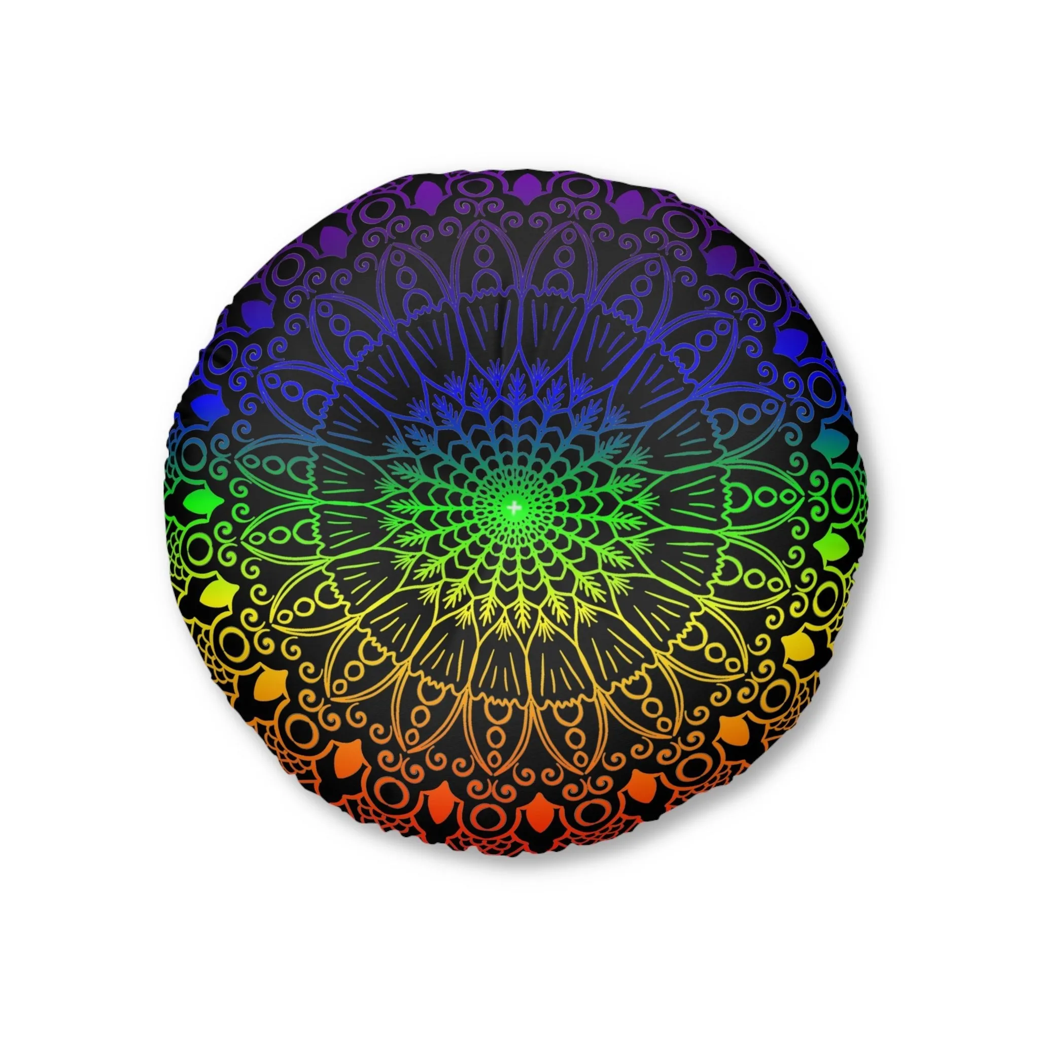 Handmade Mandala Art Round Floor Cushion - Rainbow on Black Background