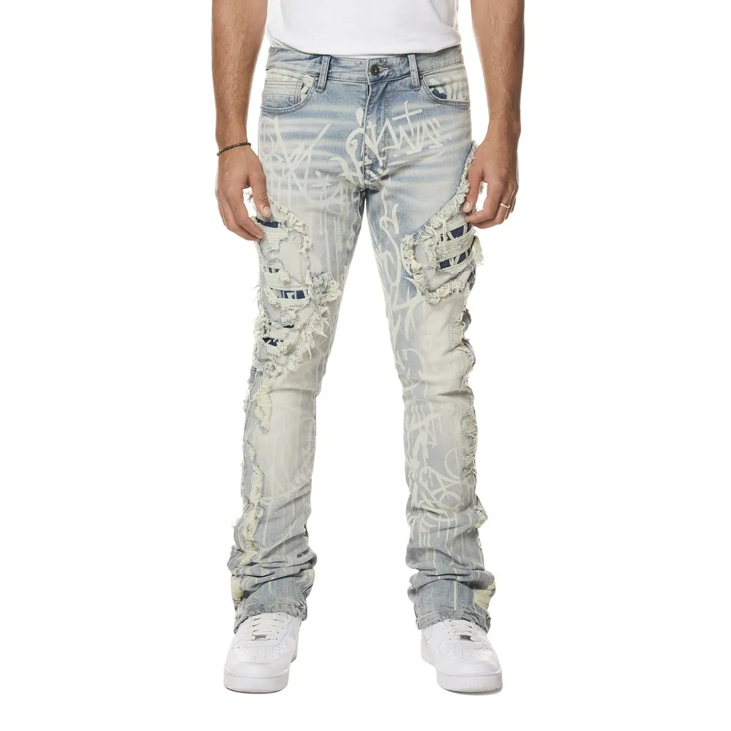 Heavy Rip & Repair Doodle Stacked Denim Jeans - Nassau Blue