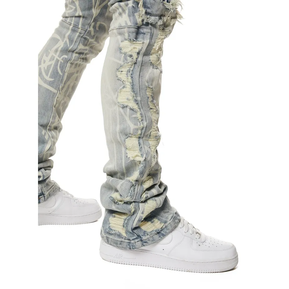 Heavy Rip & Repair Doodle Stacked Denim Jeans - Nassau Blue