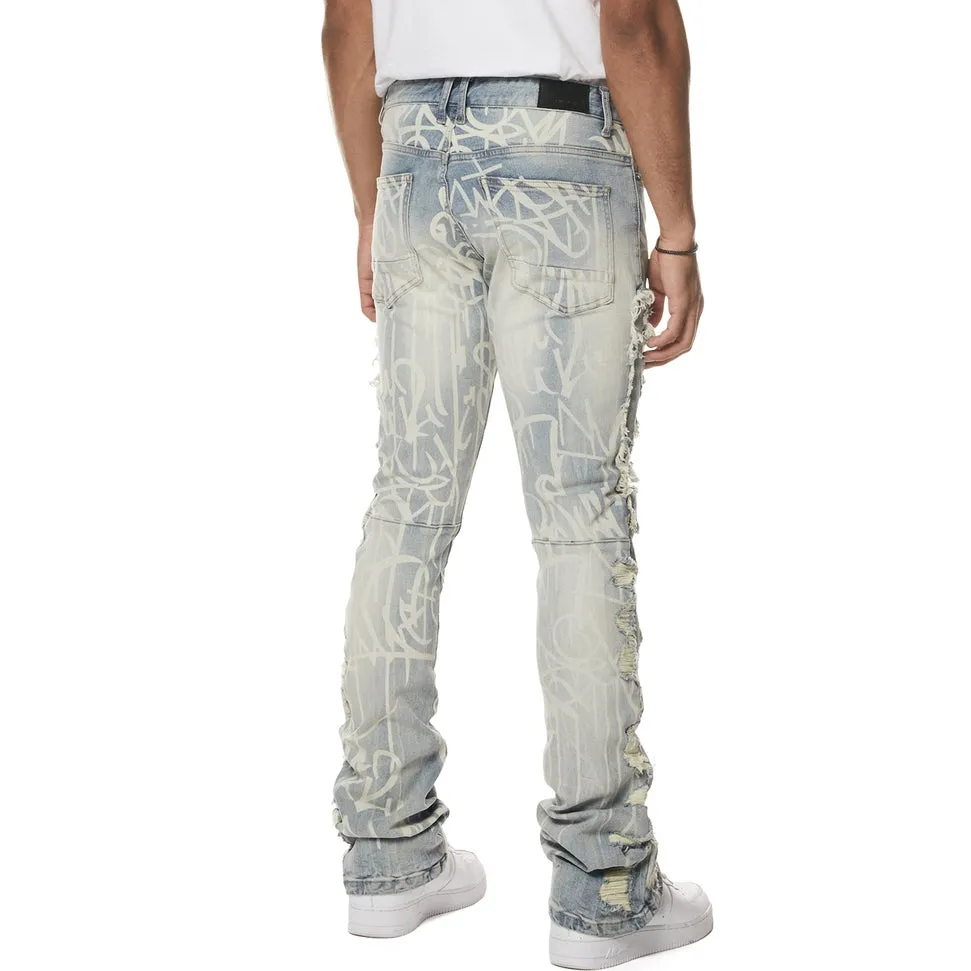 Heavy Rip & Repair Doodle Stacked Denim Jeans - Nassau Blue