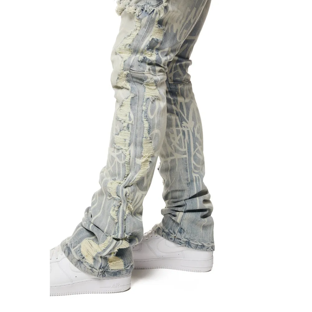 Heavy Rip & Repair Doodle Stacked Denim Jeans - Nassau Blue