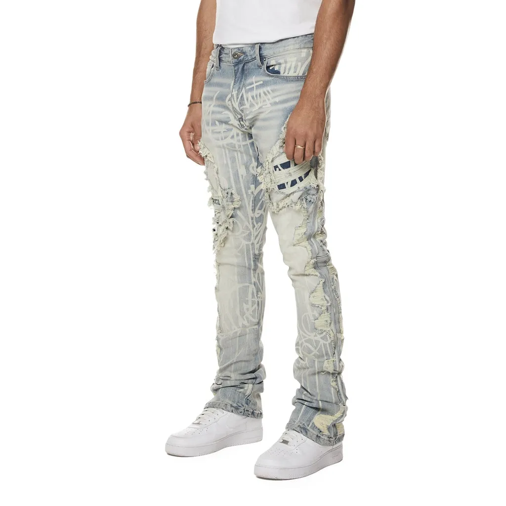 Heavy Rip & Repair Doodle Stacked Denim Jeans - Nassau Blue