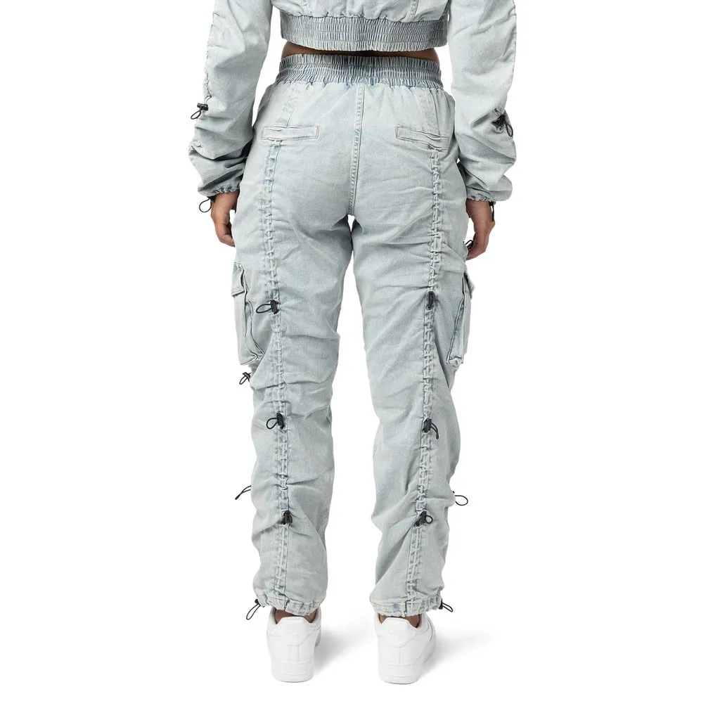 High Rise Multi Bungee Cargo Denim Joggers - Speckle Blue