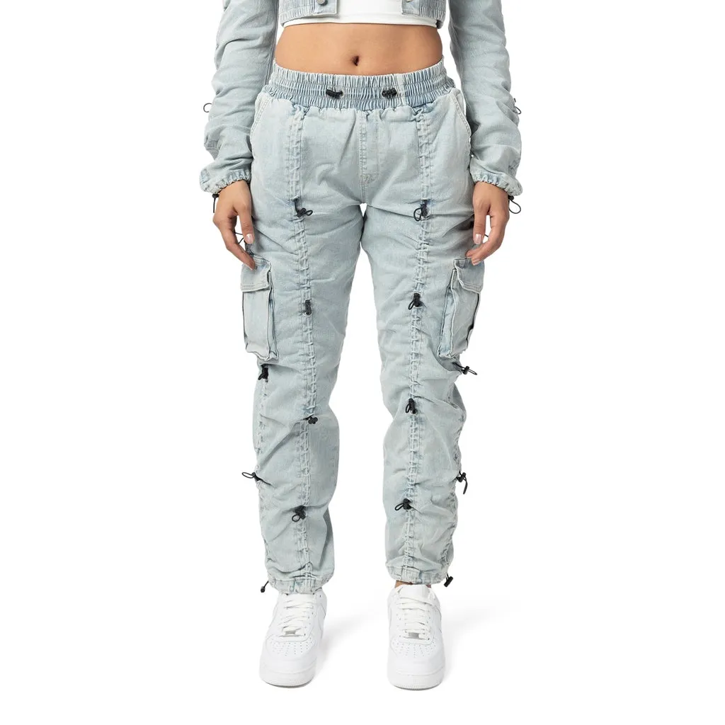 High Rise Multi Bungee Cargo Denim Joggers - Speckle Blue