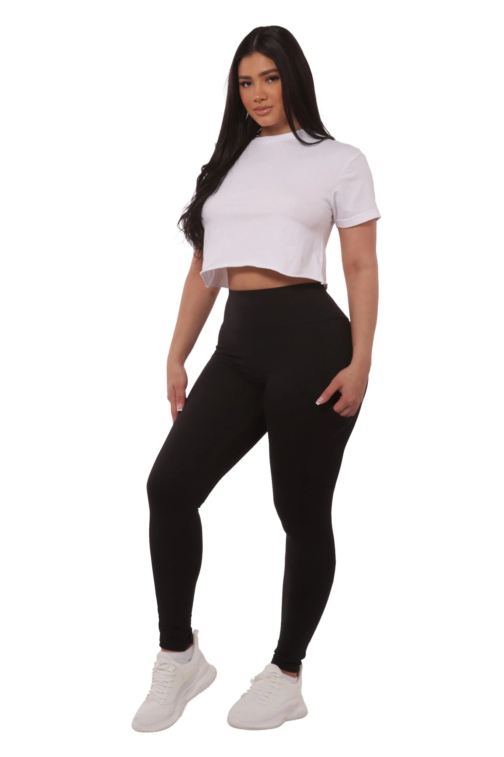 High Waist Fleece Lined Leggings With Side Pockets - Black