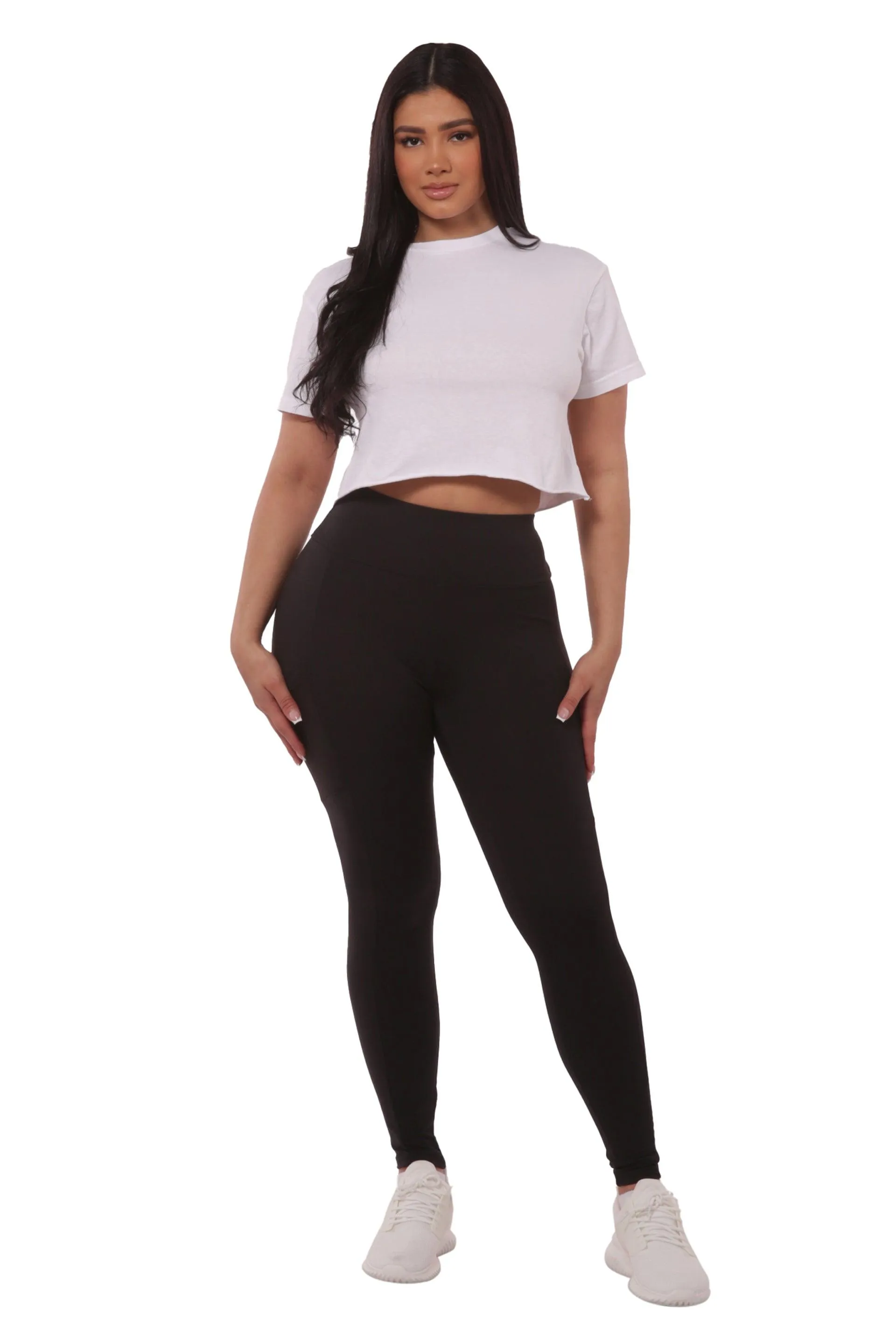 High Waist Fleece Lined Leggings With Side Pockets - Black