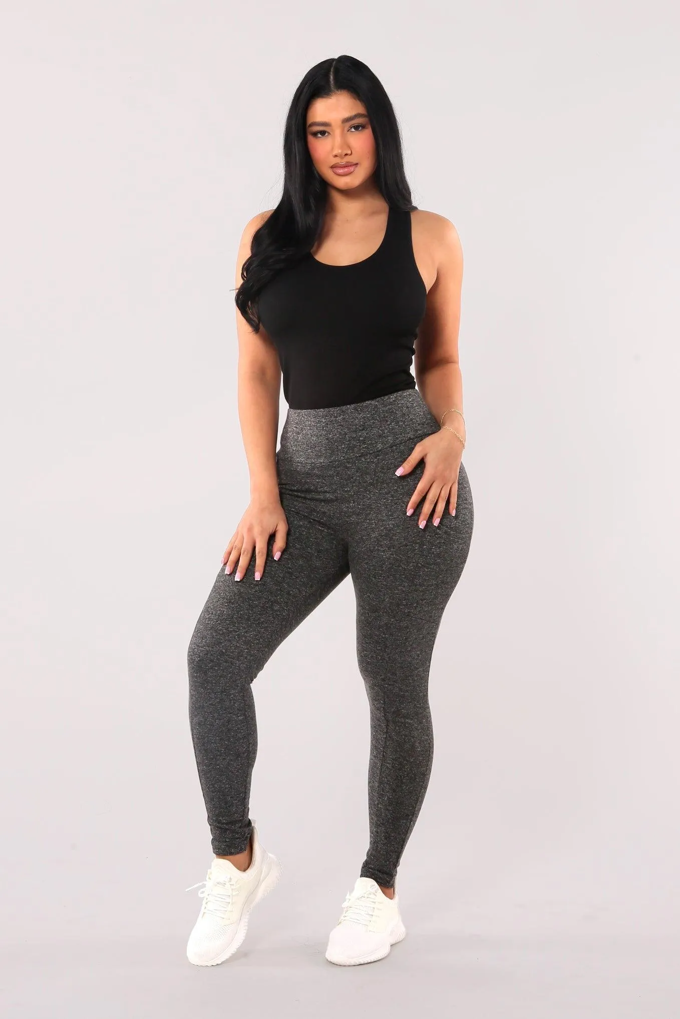 High Waist Fleece Lined Leggings With Side Pockets - Dark Heather Gray