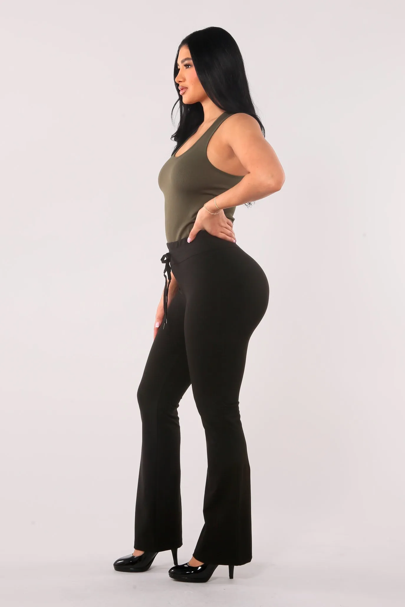 High Waist Soft Brushed Flare Pants With Drawstrings - Black