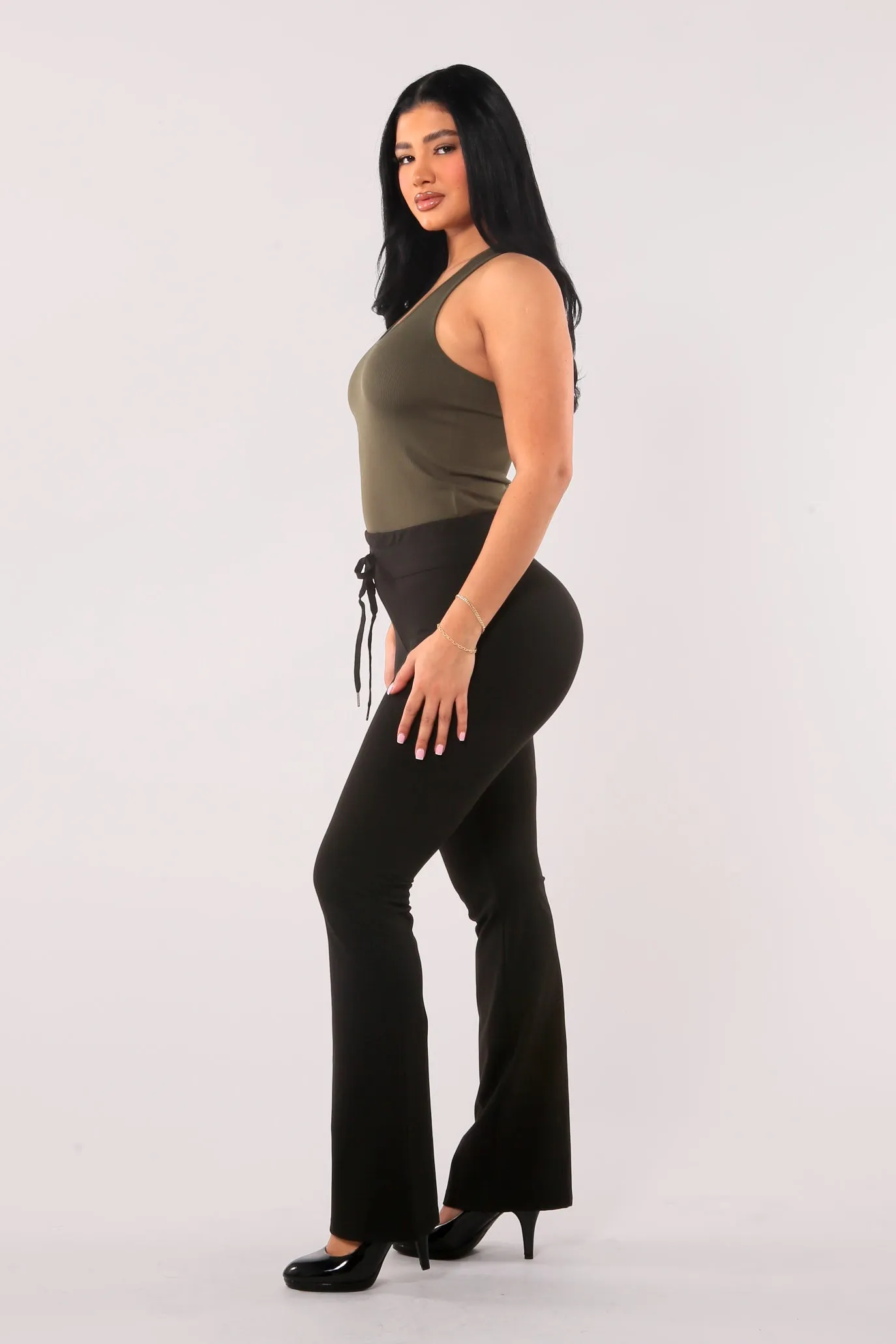 High Waist Soft Brushed Flare Pants With Drawstrings - Black