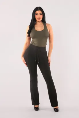 High Waist Soft Brushed Flare Pants With Drawstrings - Black