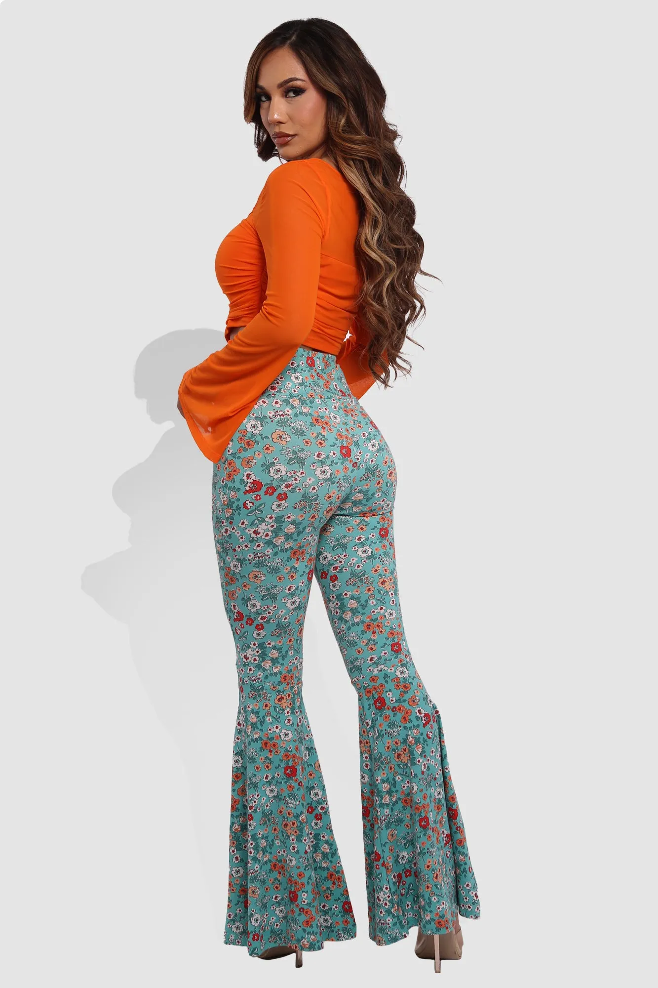 High Waist Soft Brushed Wide Flare Pants - Teal, Orange Floral