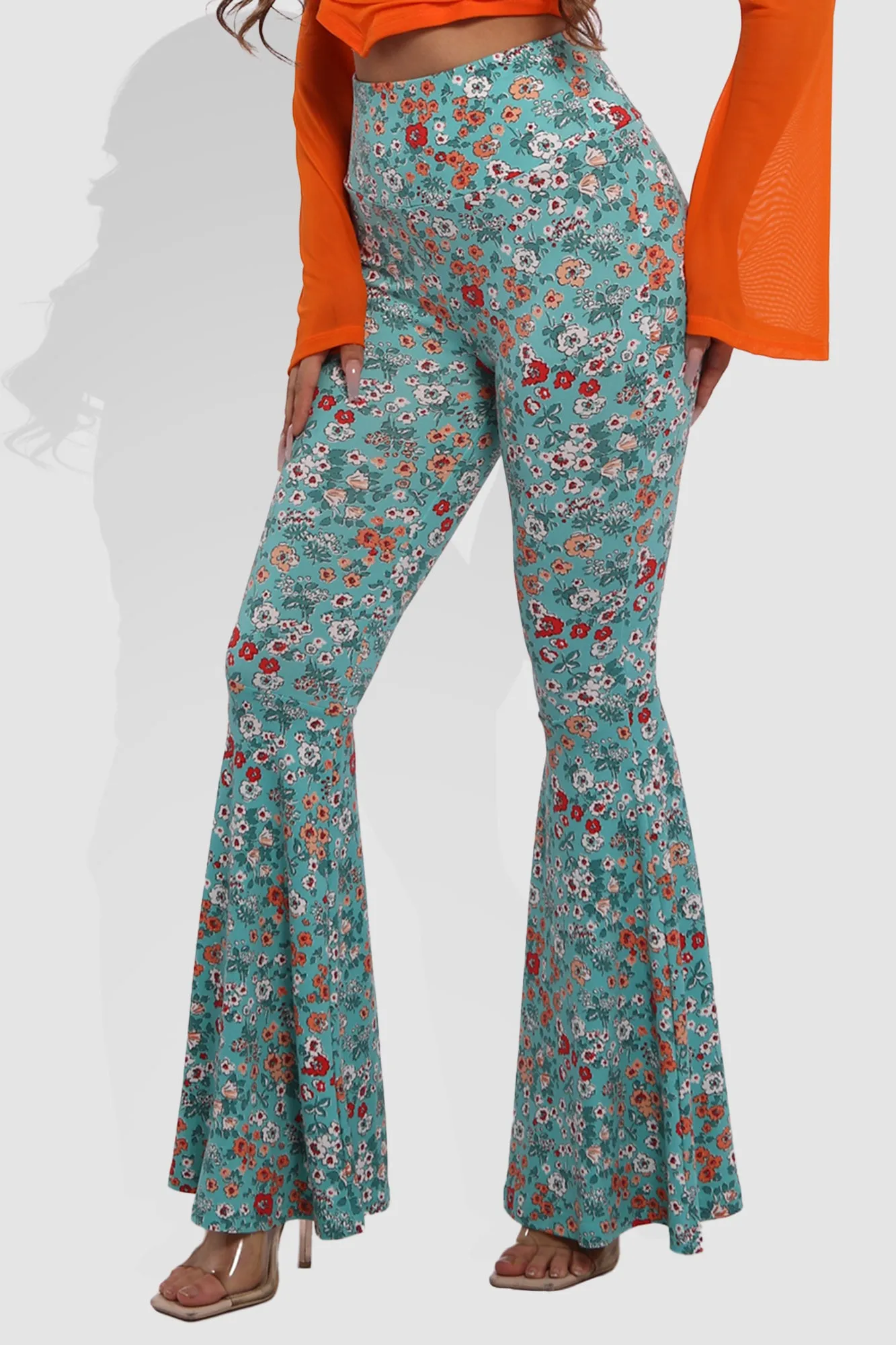 High Waist Soft Brushed Wide Flare Pants - Teal, Orange Floral